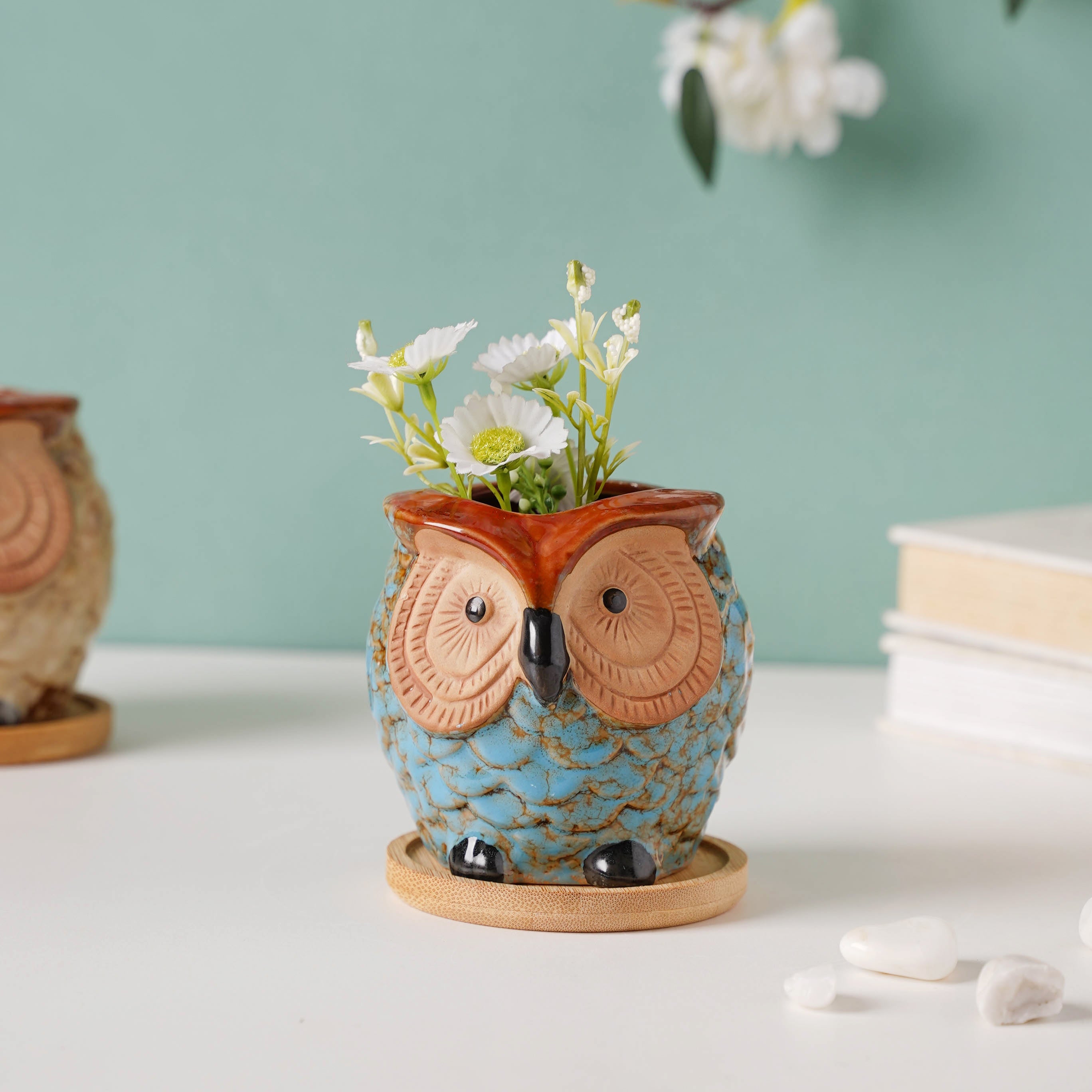 Nestasia Seacrest Owl Blue Ceramic Planter With Wooden Coaster