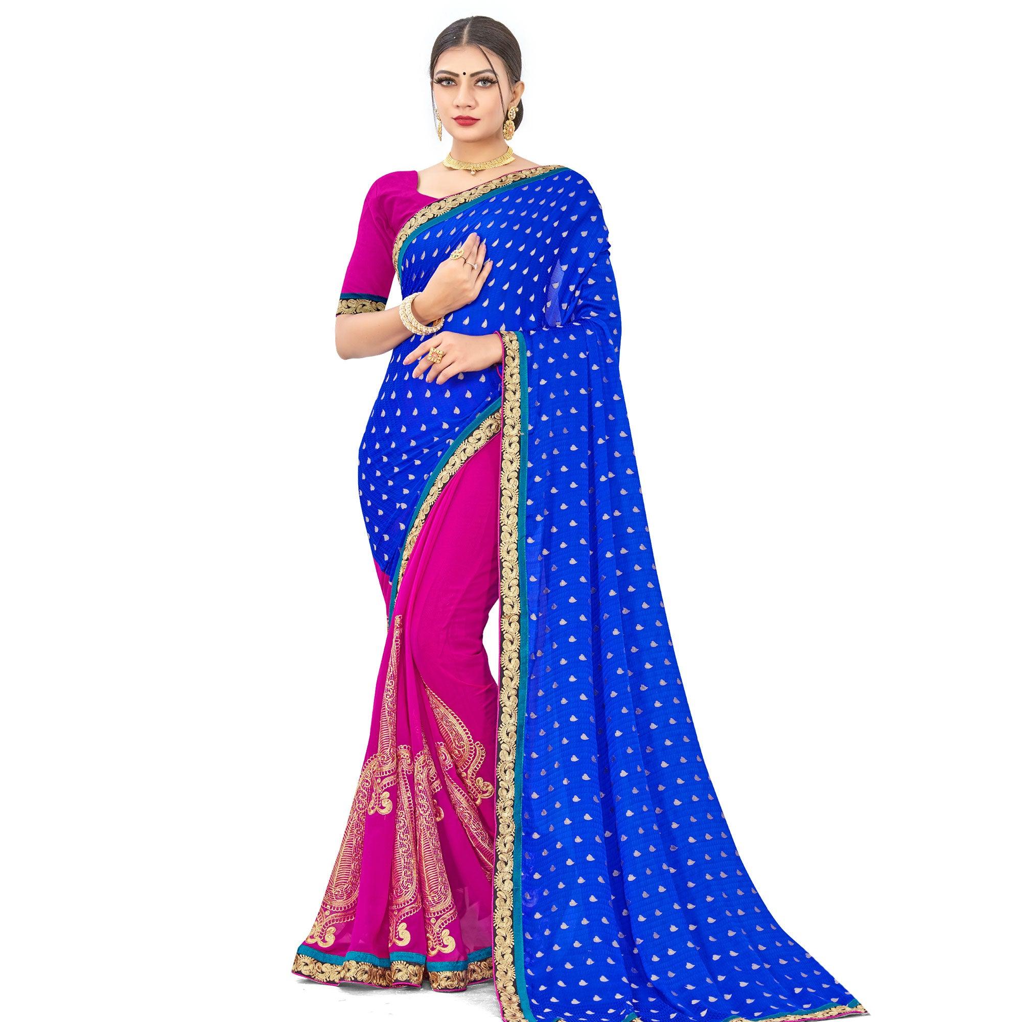 Peachmode Fantastic Blue-Pink Colored party Wear Embroidered Georgette Half-Half Saree