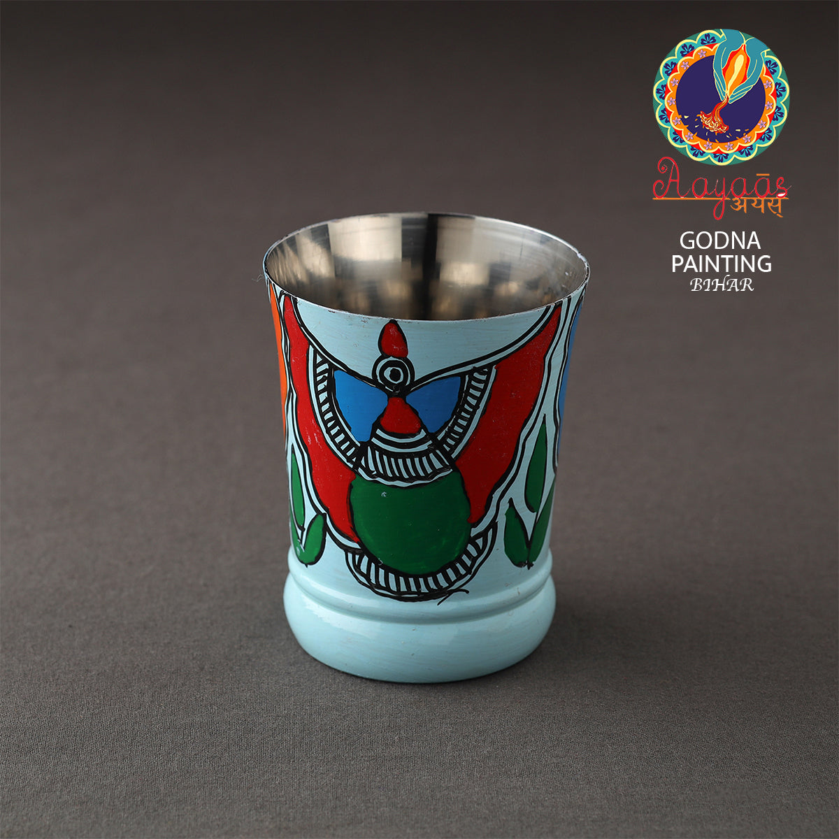 AAYAAS Blue - Godna Madhubani Handpainted Stainless Steel Glass