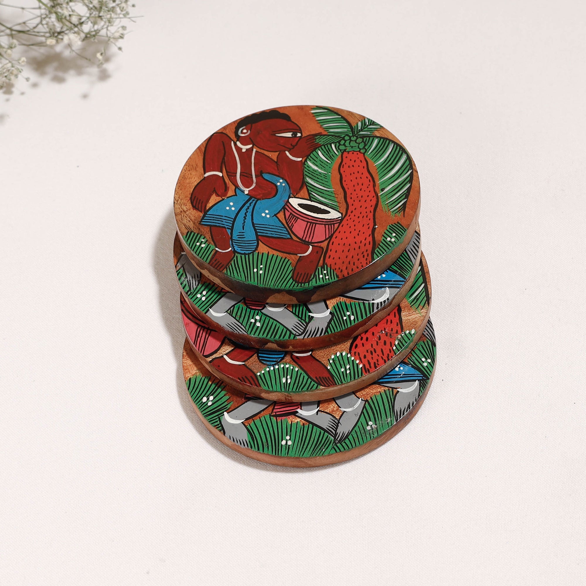 ITOKRI CRAFTS INITIATIVE Bengal Patua Handpainted Akashmoni Wooden Coasters (Set of 4) - view 2