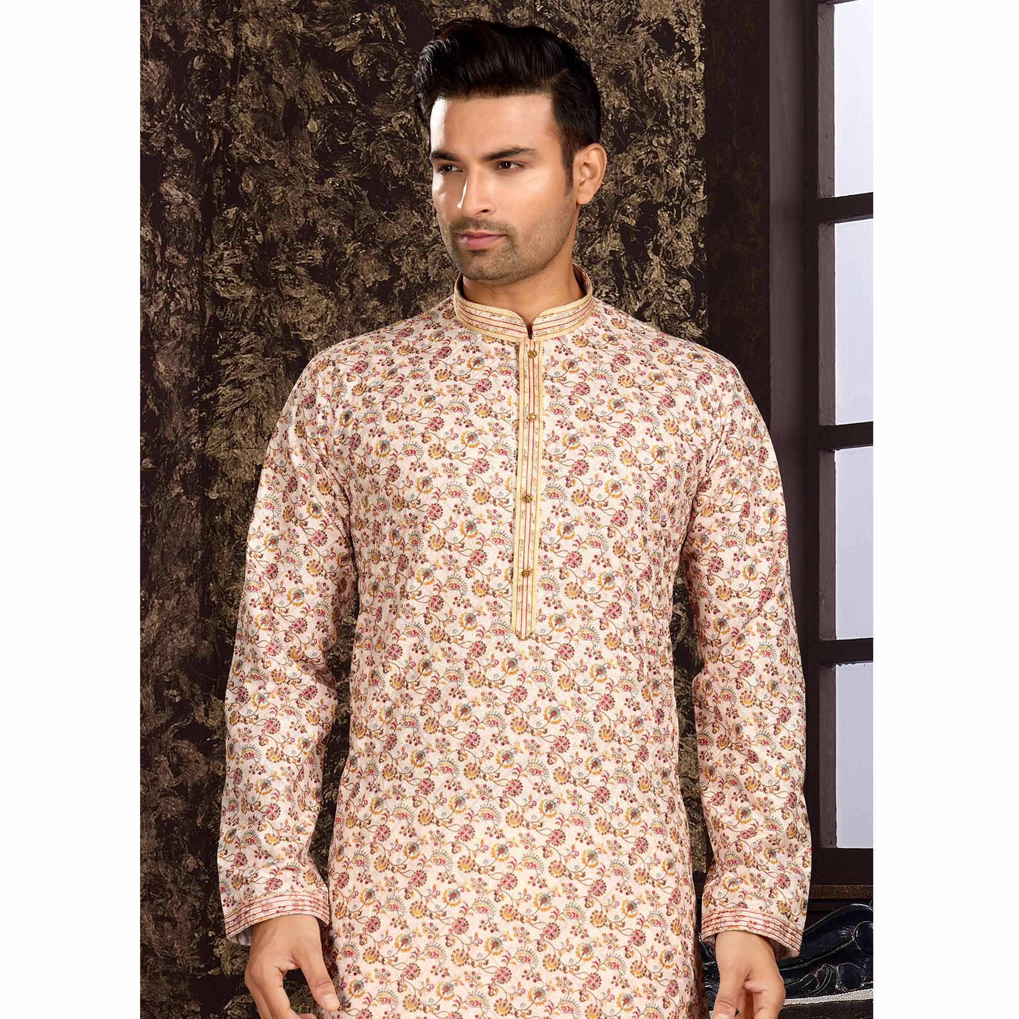 Peachmode Seller Cream Lucknowi And Digital Printed Cotton Kurta Pyjama Set - view 4