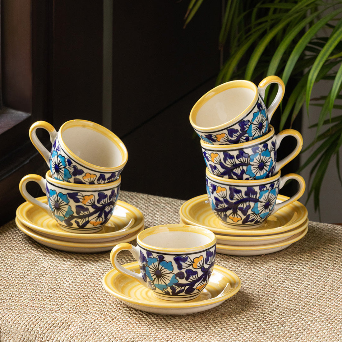 Coffee tea cups – EXCLUSIVELANE 'Badamwari Bagheecha' Handpainted Ceramic Coffee & Tea Cups With Saucers (Set of 6, 120 ML, Microwave Safe)