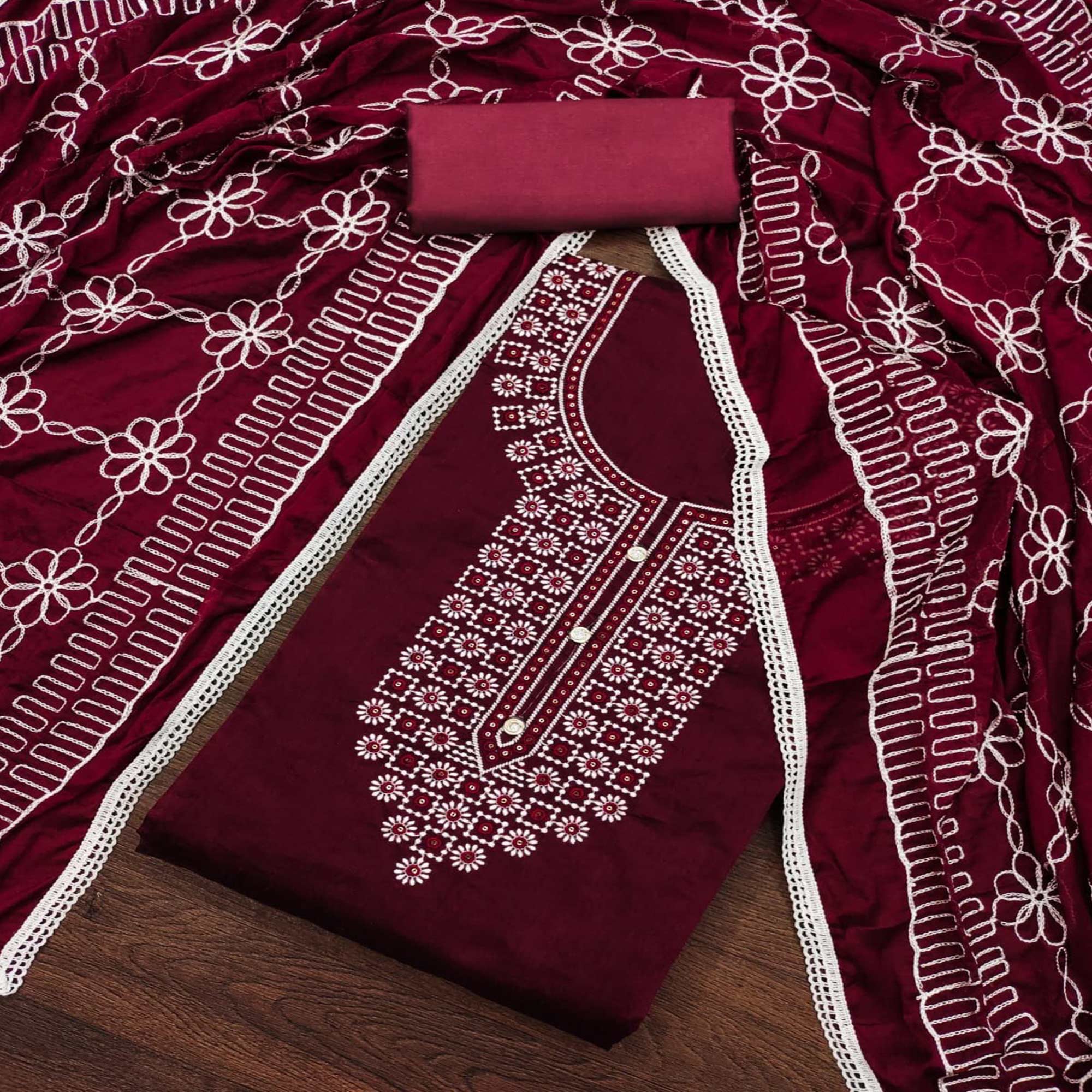 Peachmode Maroon Floral Embroidered Chanderi Dress Material