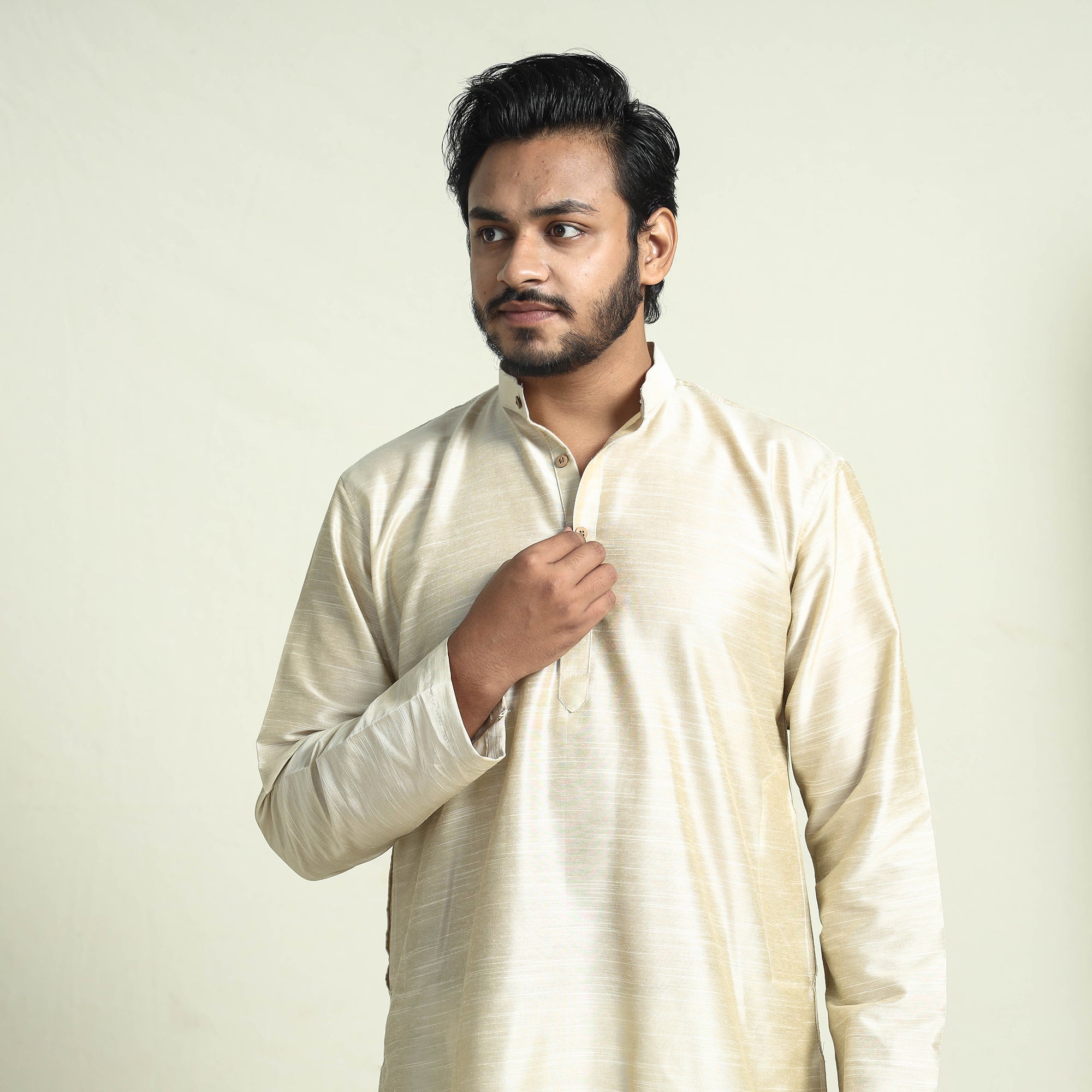 ITOKRI CASUALS Beige - Plain Dyed Slub Silk Men Long Kurta - view 3
