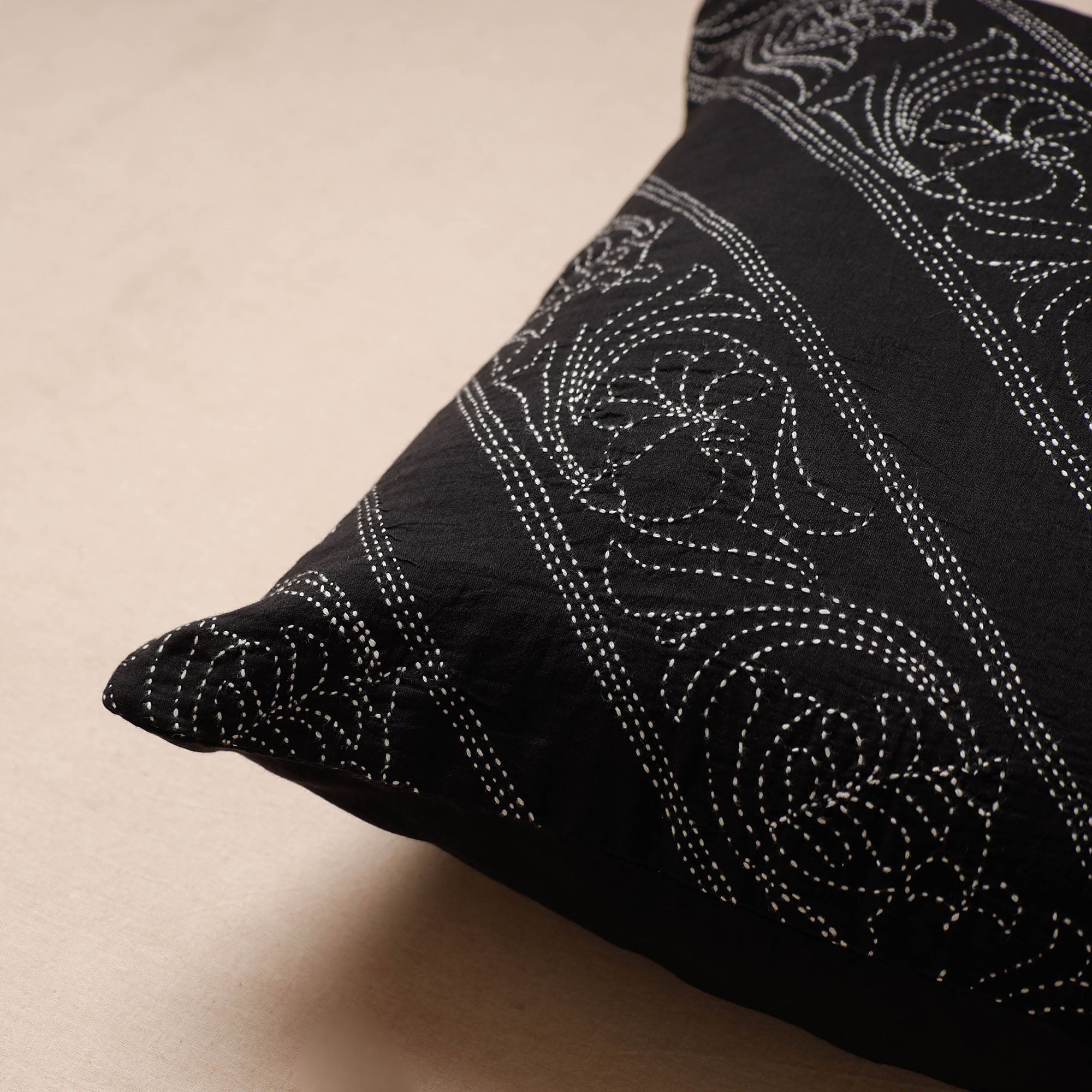 SASHA Black - Bengal Kantha Embroidery Mulberry Silk Cushion Cover (16 x 16 in) - view 2