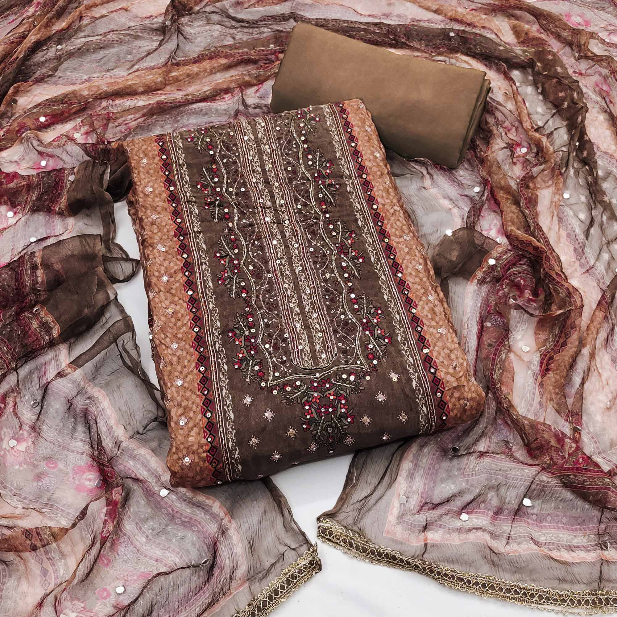 Peachmode Brown Embroidered With Printed Work Crepe Dress Material
