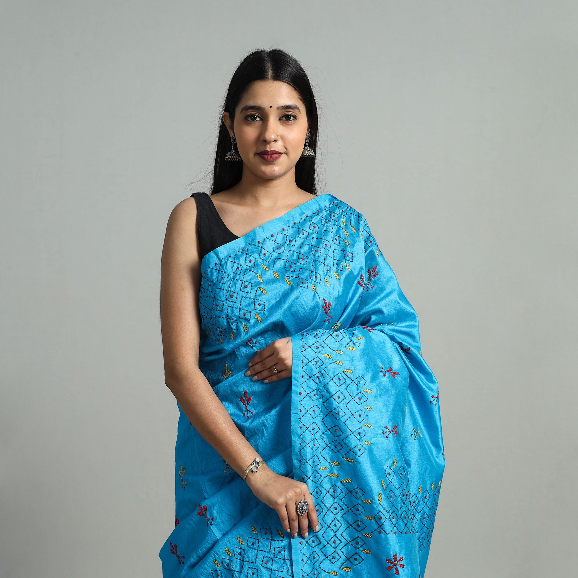 ITOKRI CRAFTS INITIATIVE Blue - Bengal Silk Nakshi Kantha Hand Embroidery Saree 09 - view 3
