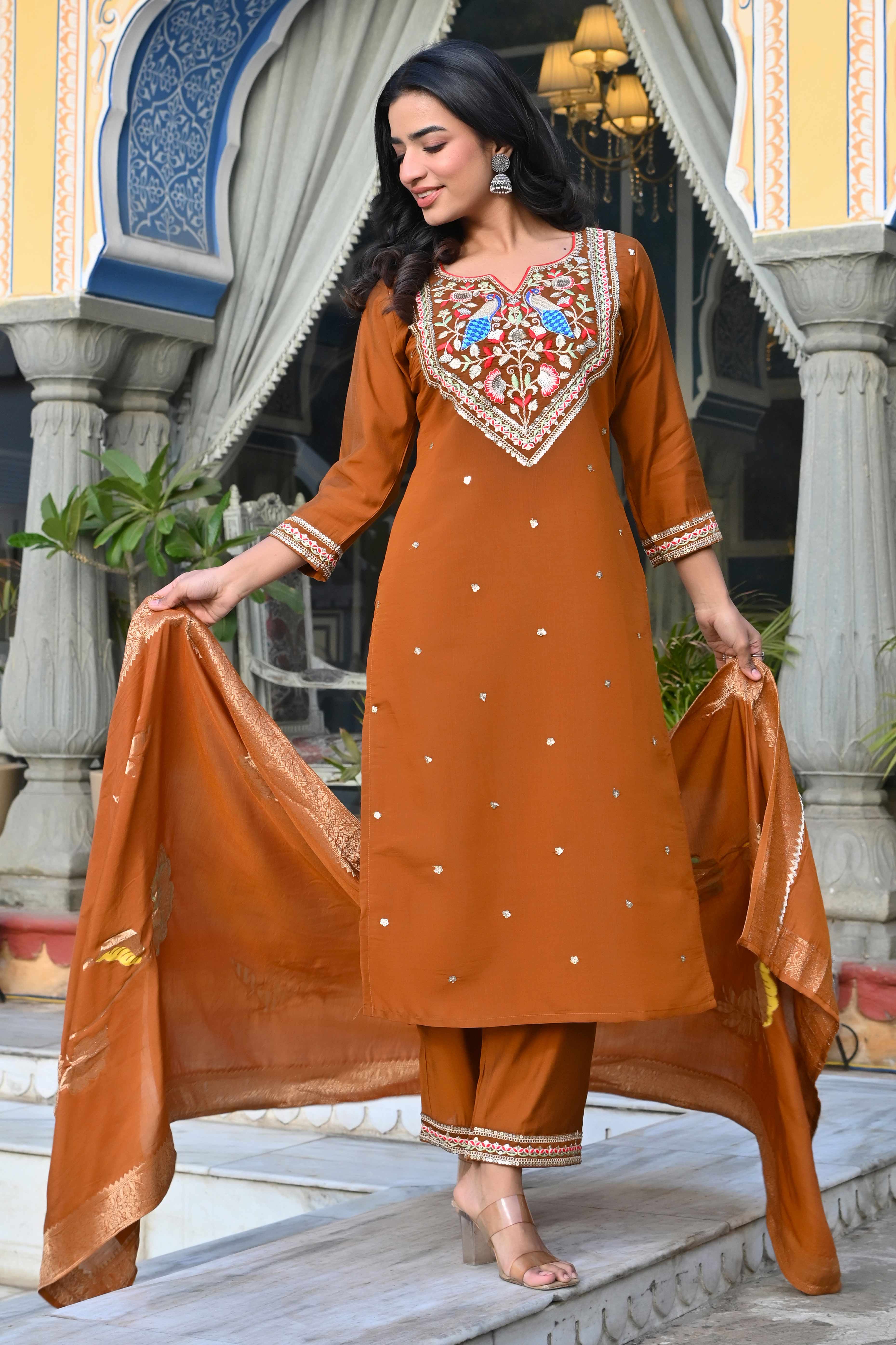 Peachmode Seller Brown Sequins Embroidered Viscose Salwar Suit