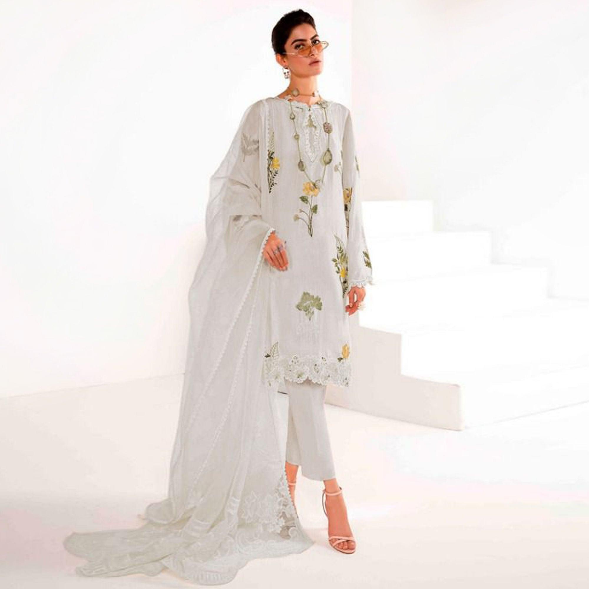 Peachmode Seller Light Grey Floral Embroidered Georgette Pakistani Suit