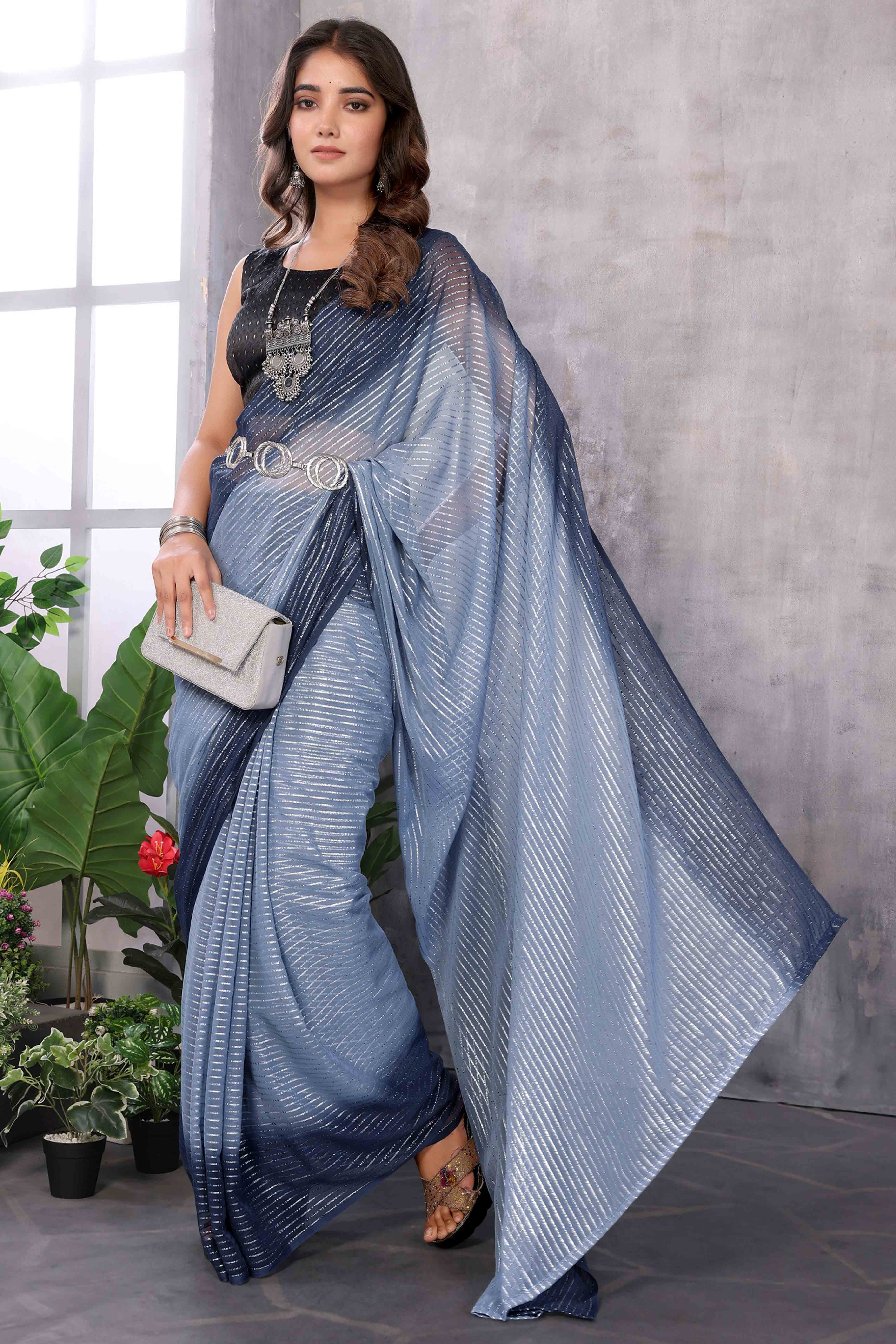 Peachmode Grey Striped Zari Woven Art Silk Ready To Wear Saree