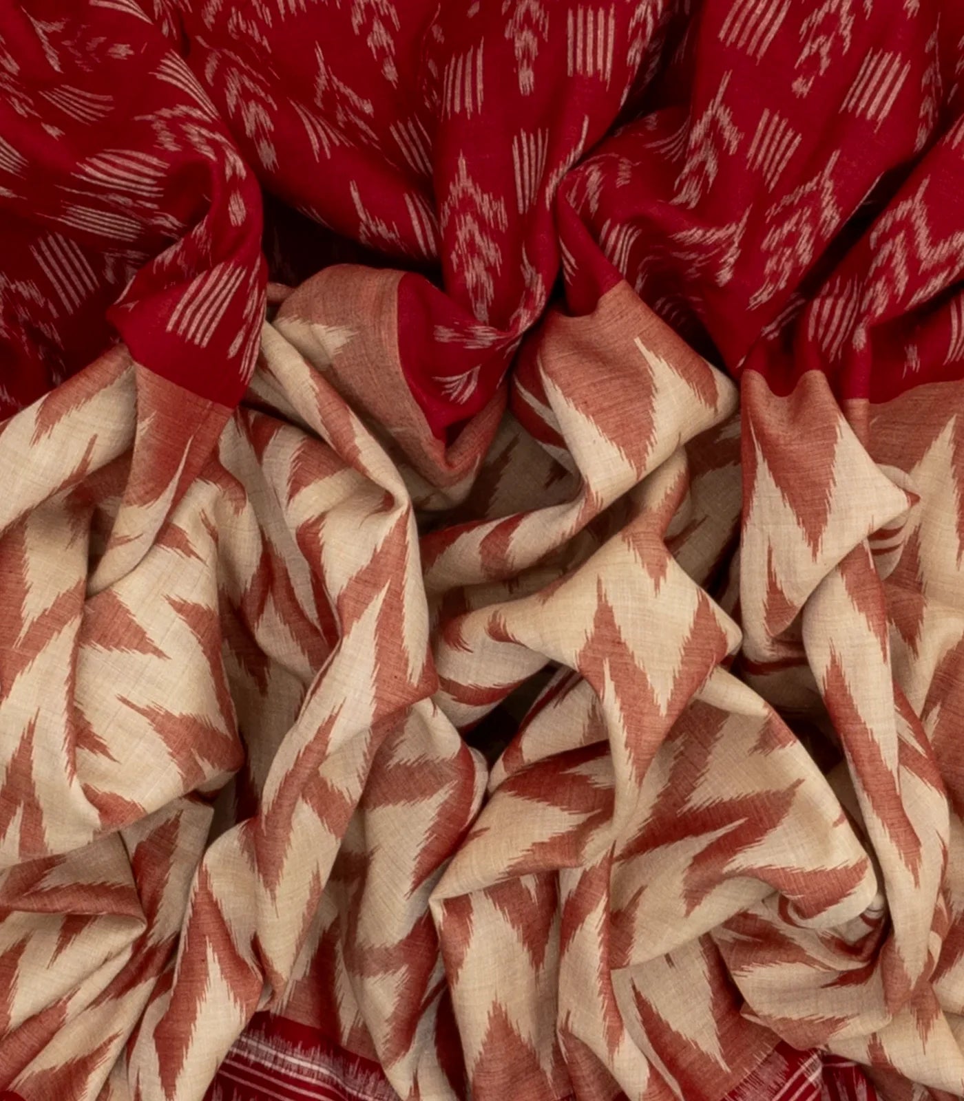 RmKV Crimson & Cream Handloom Orissa Cotton Saree With Tie and dye Chevron ( Vanki ) Motifs - view 4
