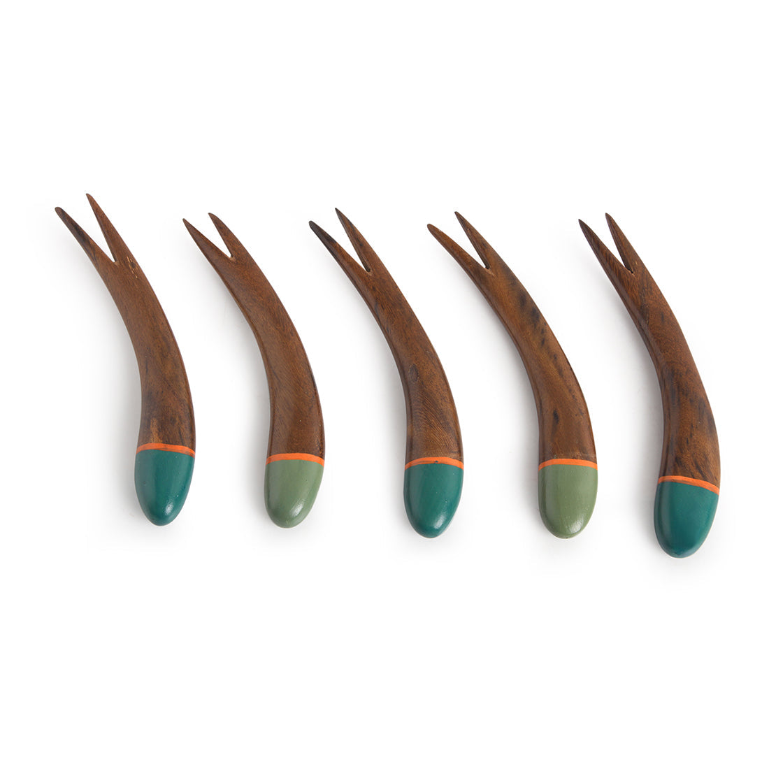 EXCLUSIVELANE 'The Peacock Must-Haves' Handpainted Fruit Forks In Sheesham Wood (Set of 5) - view 3