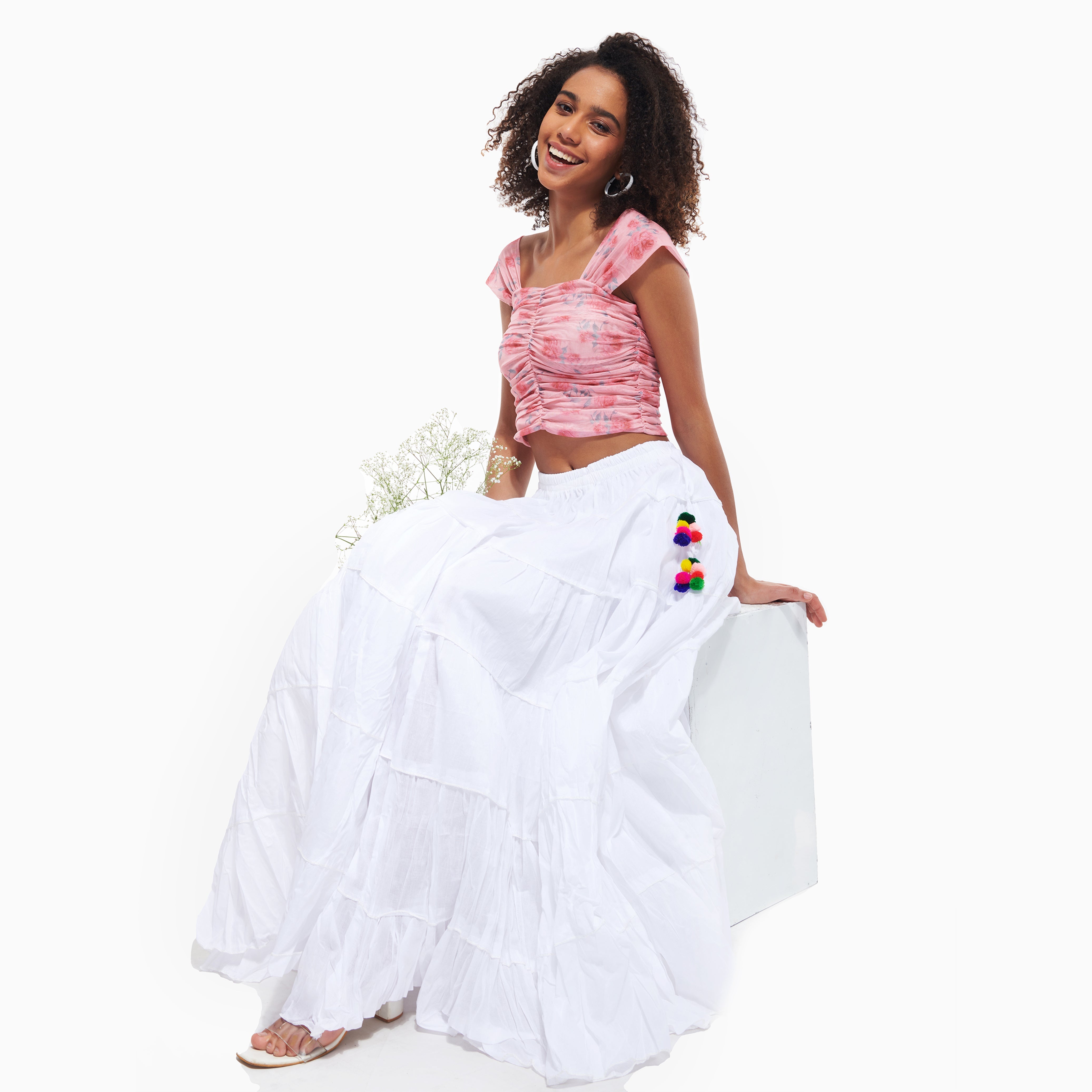 Cottage Core Floral Mesh Ruched Top – PIink - view 2