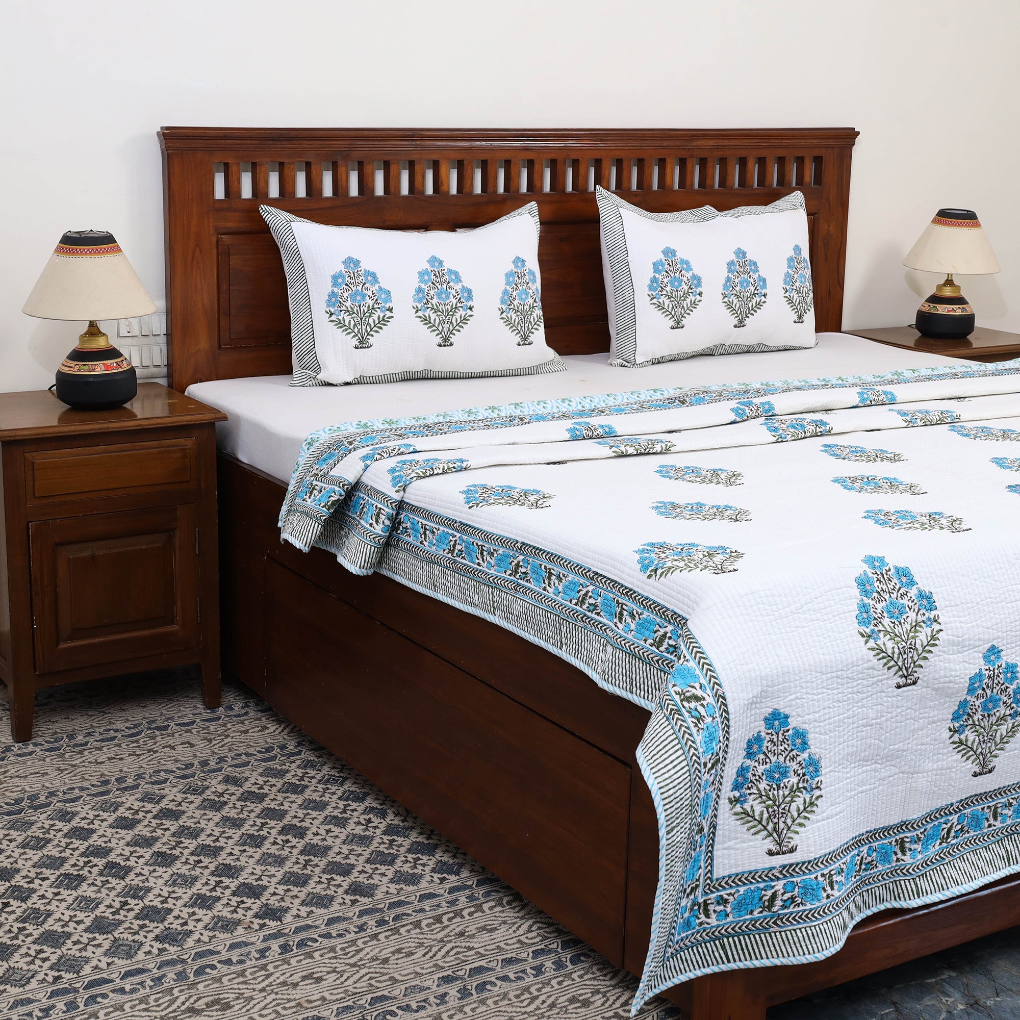 HAVELI CHRONICLES Blue - Double - Reversible Sanganeri Block Print Cotton Quilt Set 12