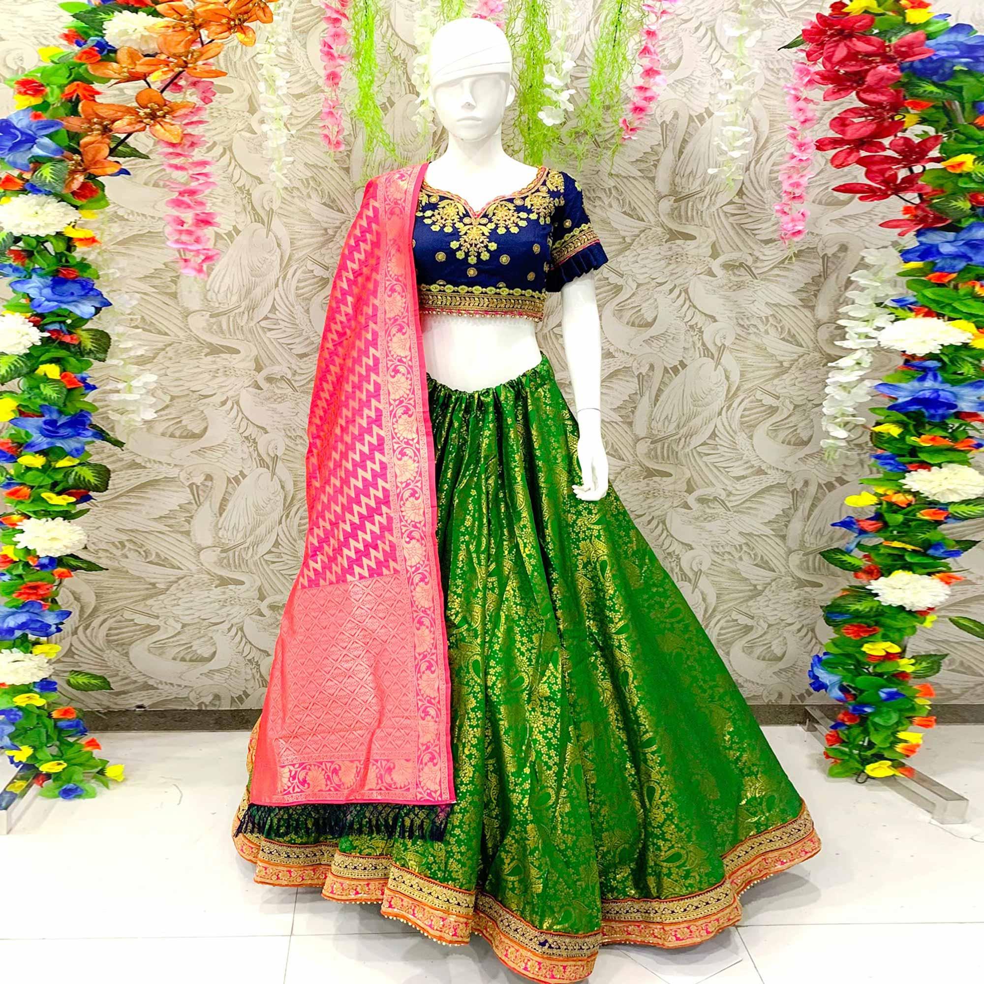 Peachmode Energetic Green Colored Designer Wedding Wear Woven Banarasi Silk Lehenga Choli