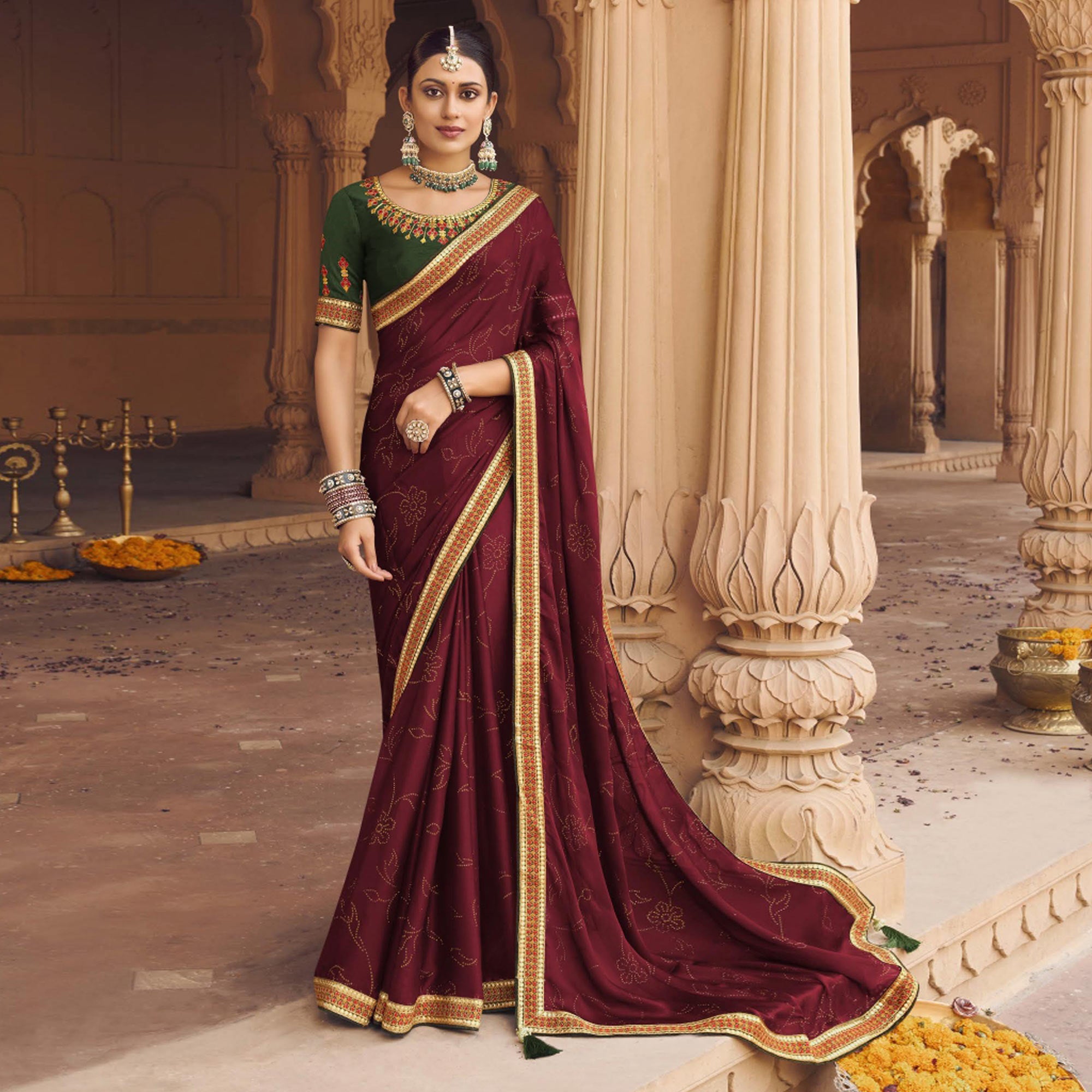 Peachmode Maroon Embellished With Embroidered Border Satin Saree - view 2