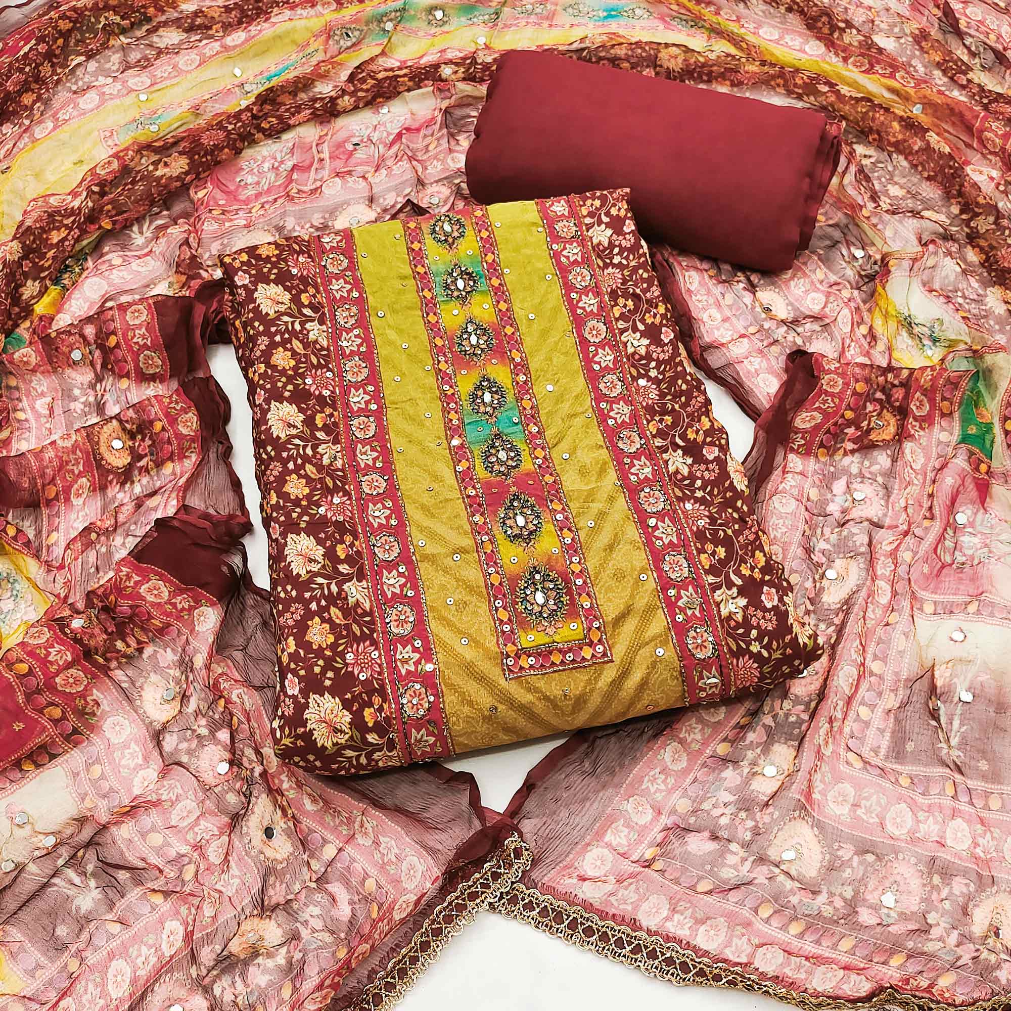 Peachmode Maroon Embroidered With Printed Work Muslin Dress Material