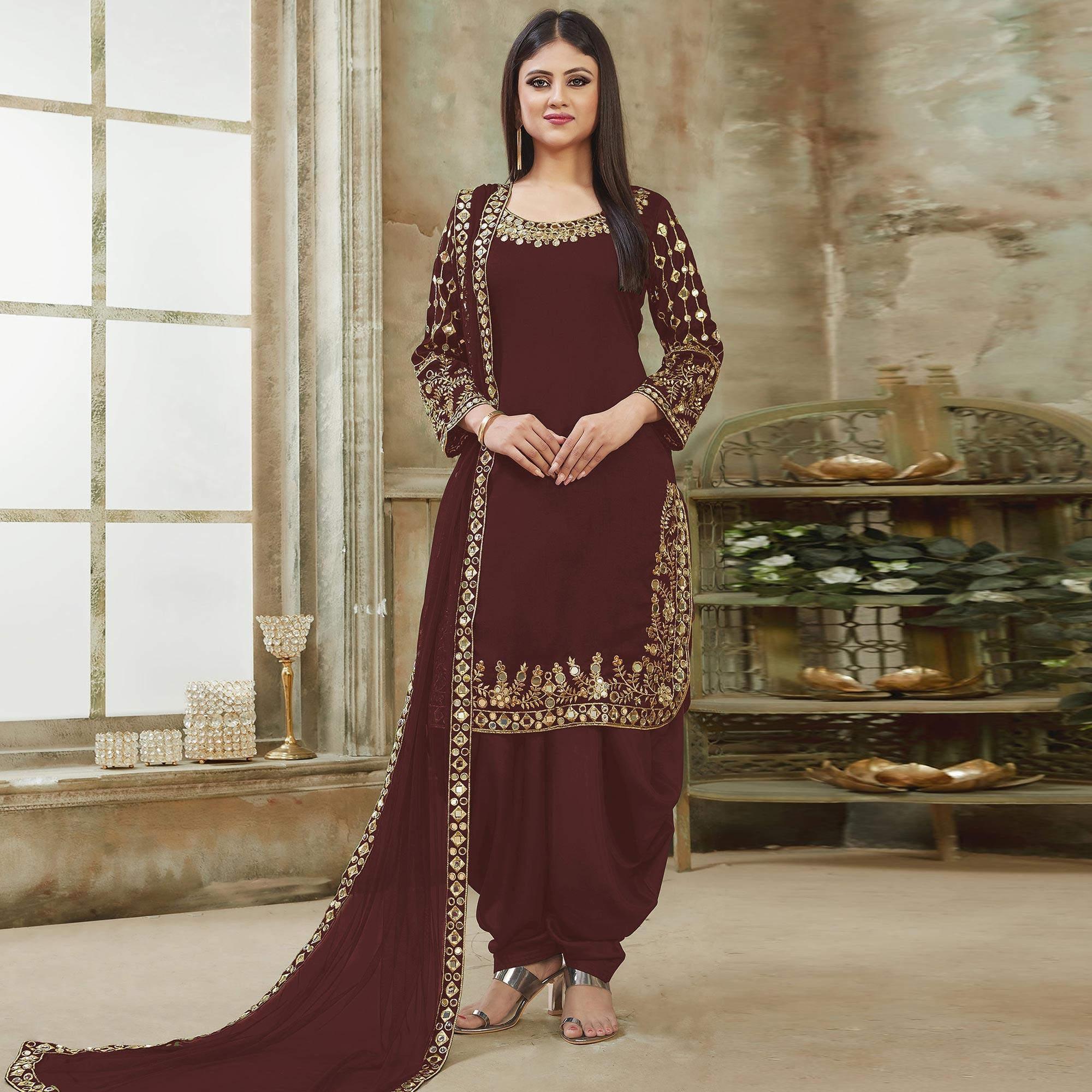 Peachmode Brown Embroidered Georgette Patiala Suit - view 2