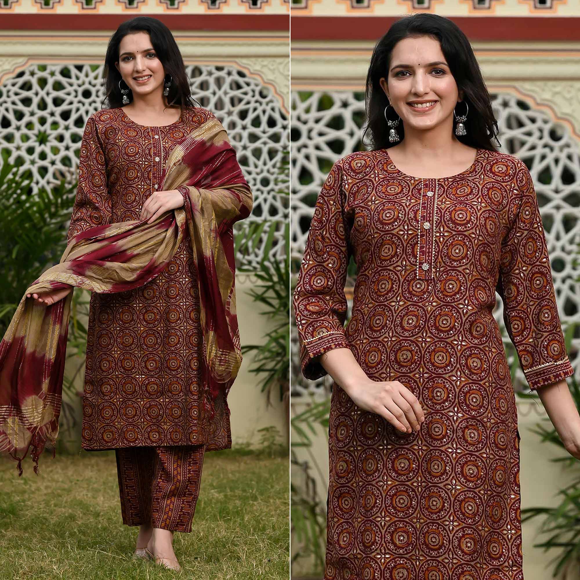 Peachmode Maroon Printed Rayon Suit