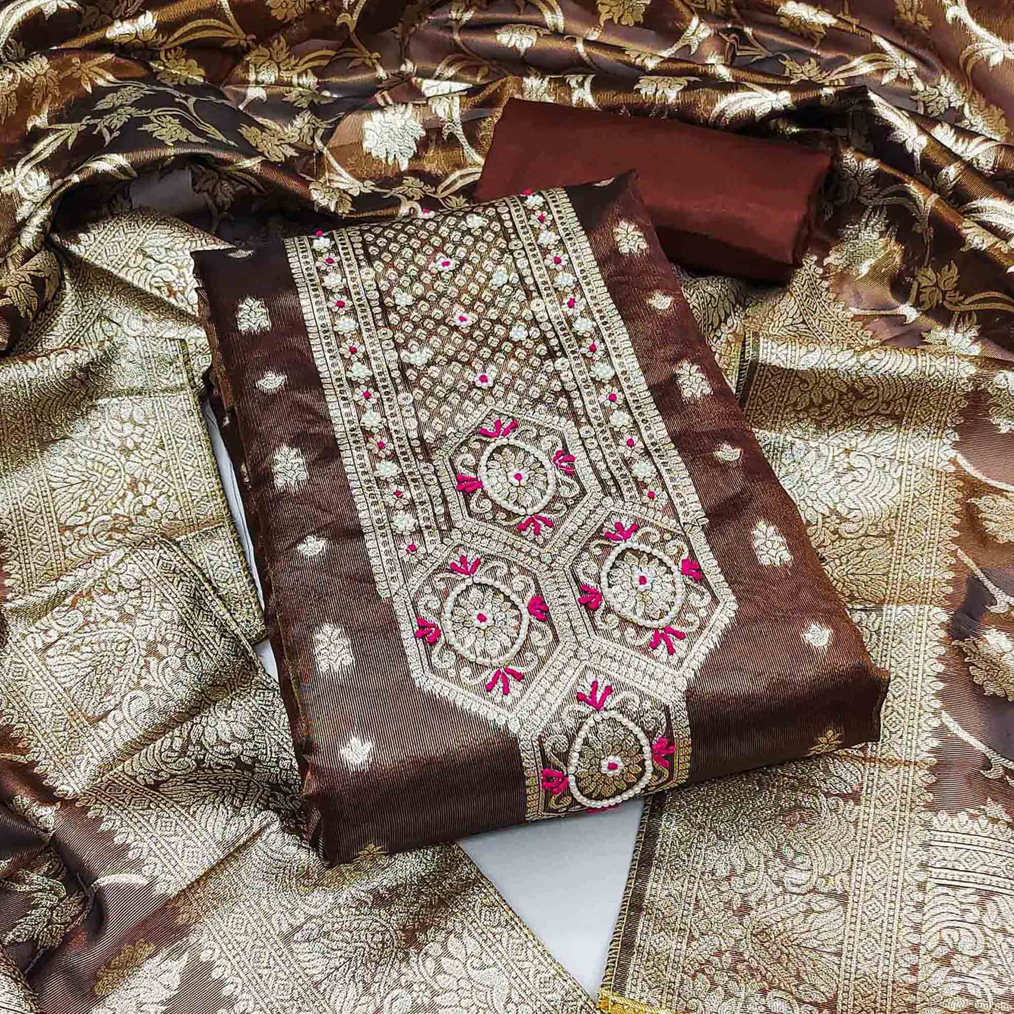 Peachmode Dark Brown Woven Banarasi Silk Dress Material