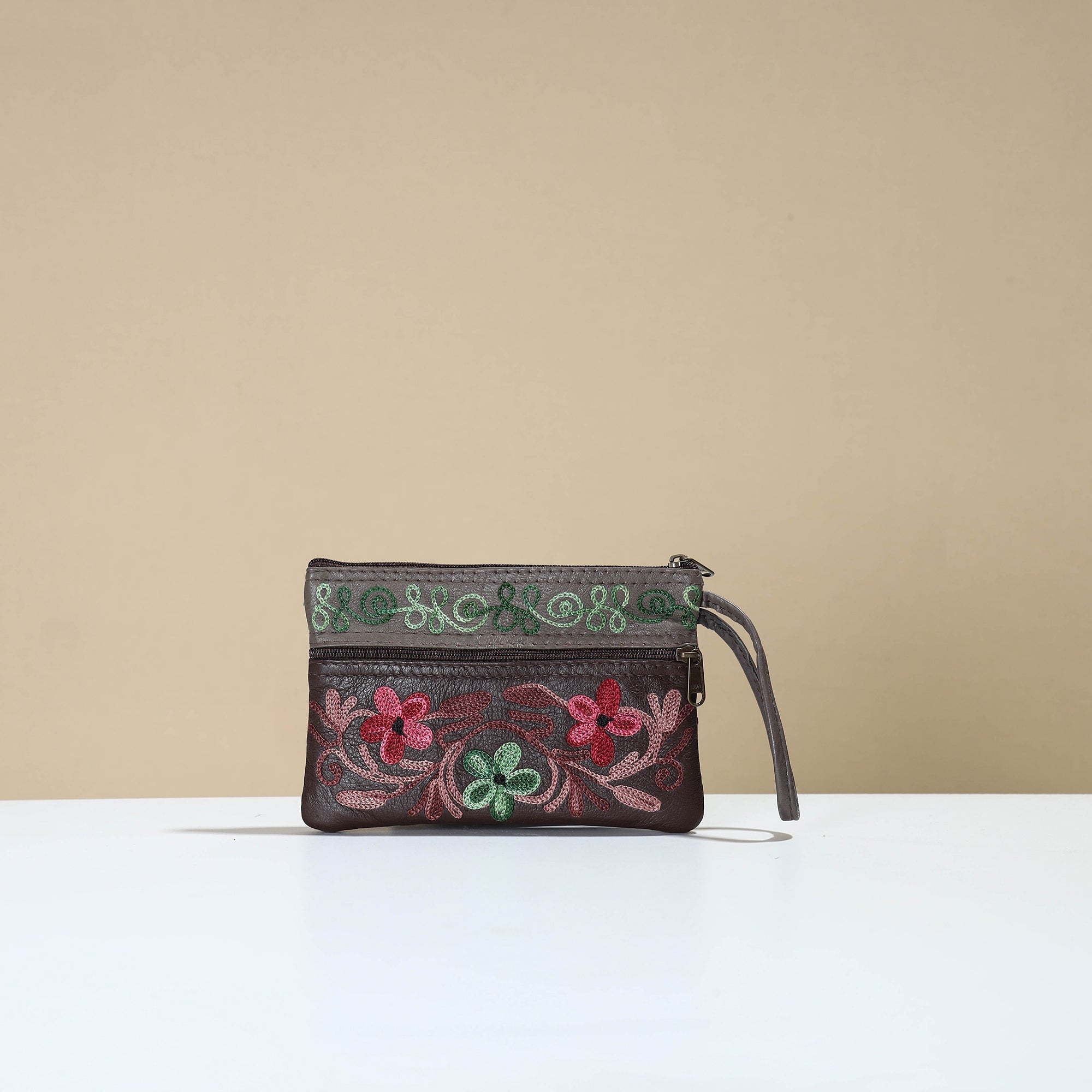 ITOKRI CRAFTS INITIATIVE Brown - Kashmiri Crewel Hand Embroidery Leather Clutch 13
