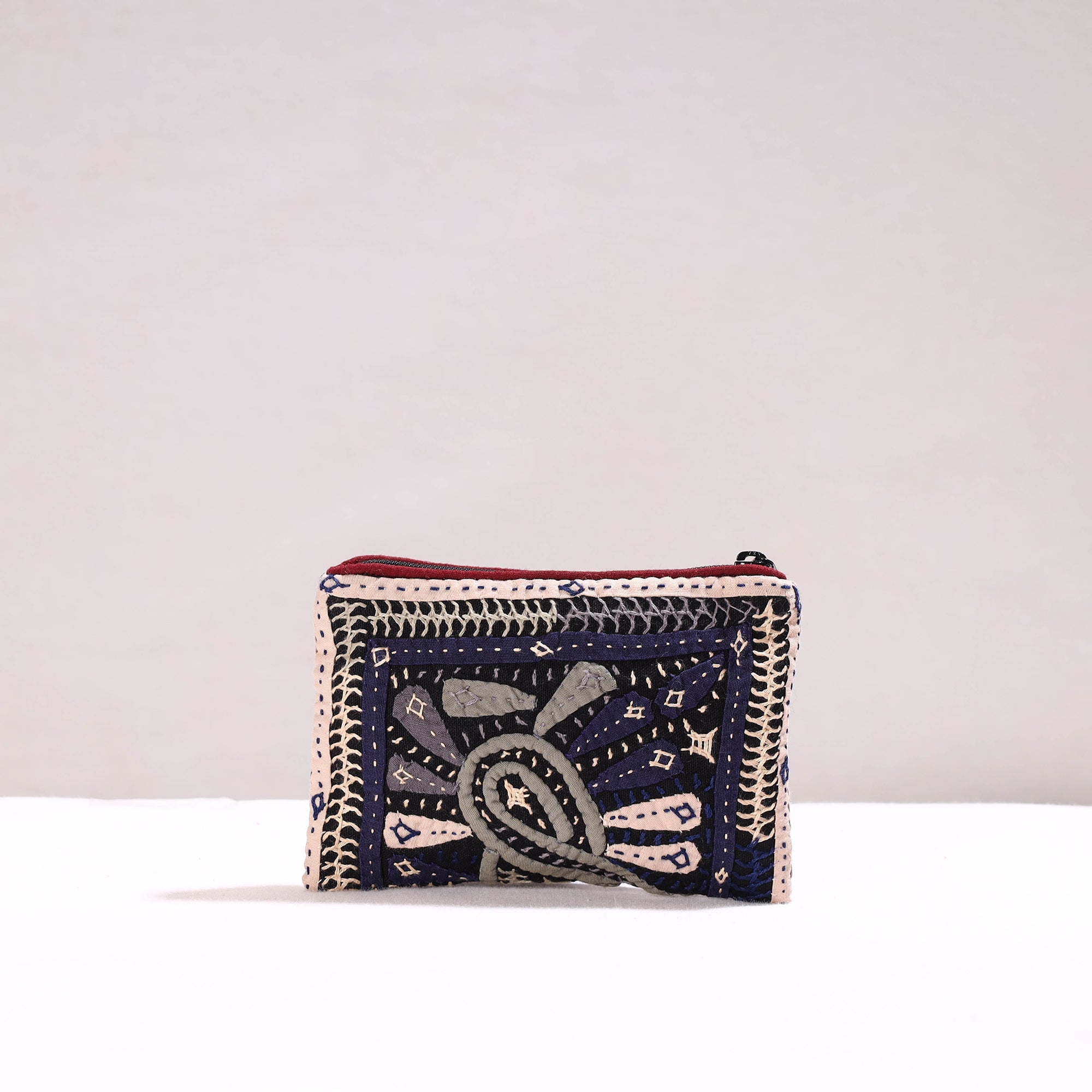 QASAB Black - Kutch Dhebariya Qatab Hand Embroidery Cotton Coin Pouch