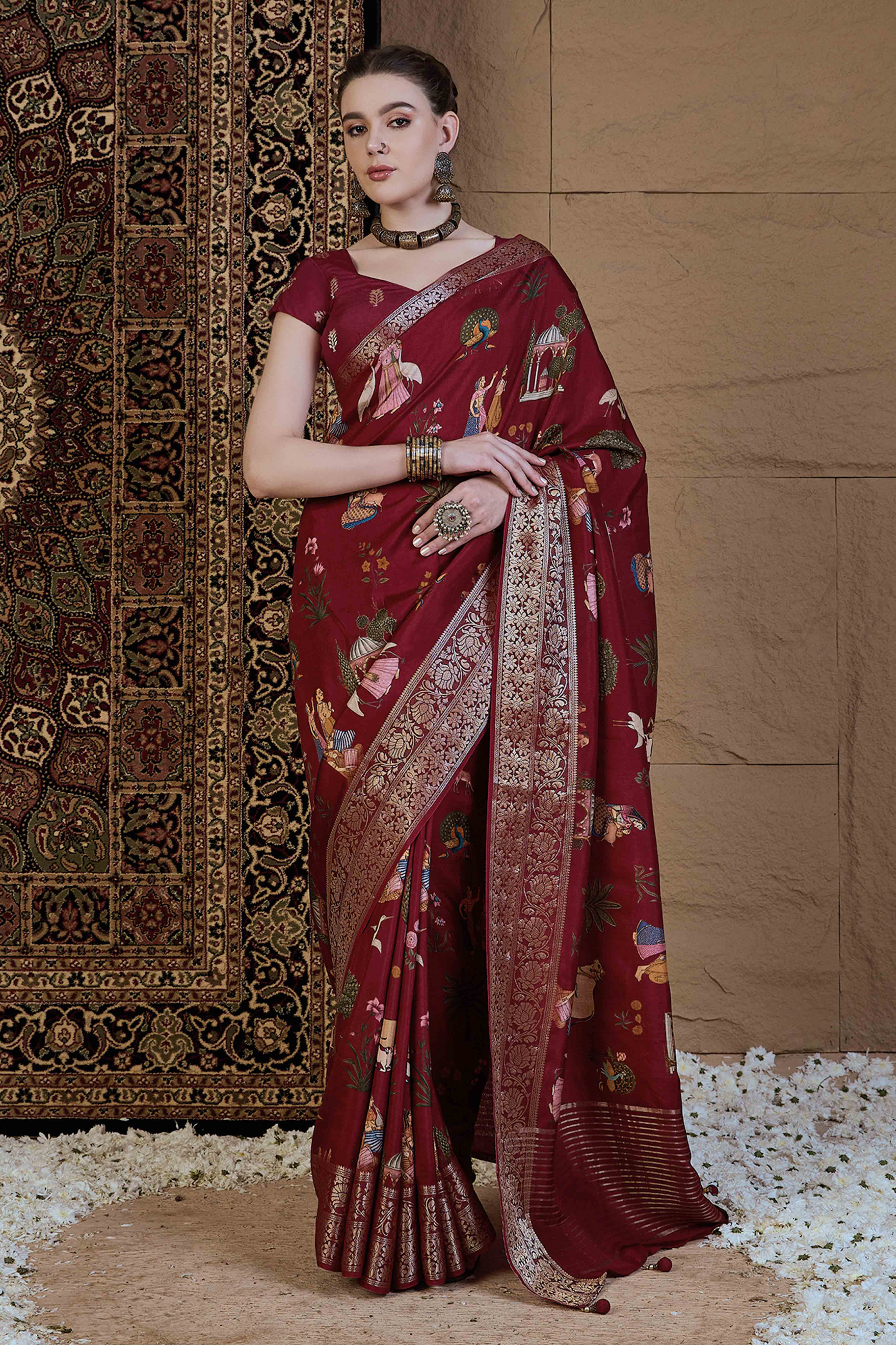 Peachmode Maroon Floral Printed Viscose Saree