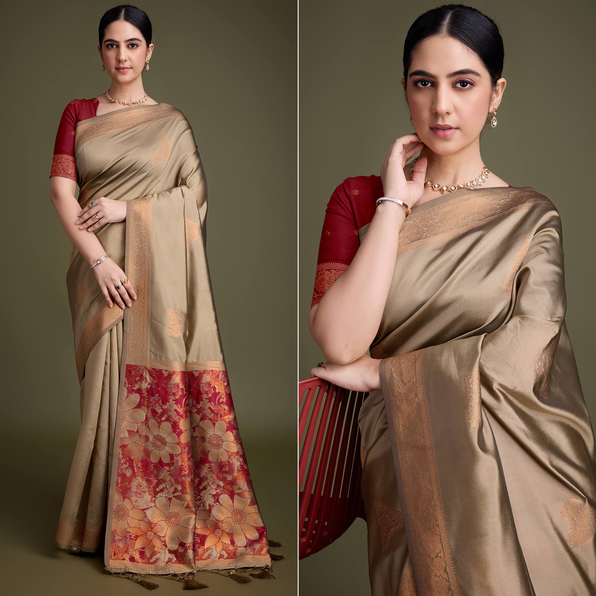 Peachmode Chikoo Floral Woven Banarasi Silk Saree