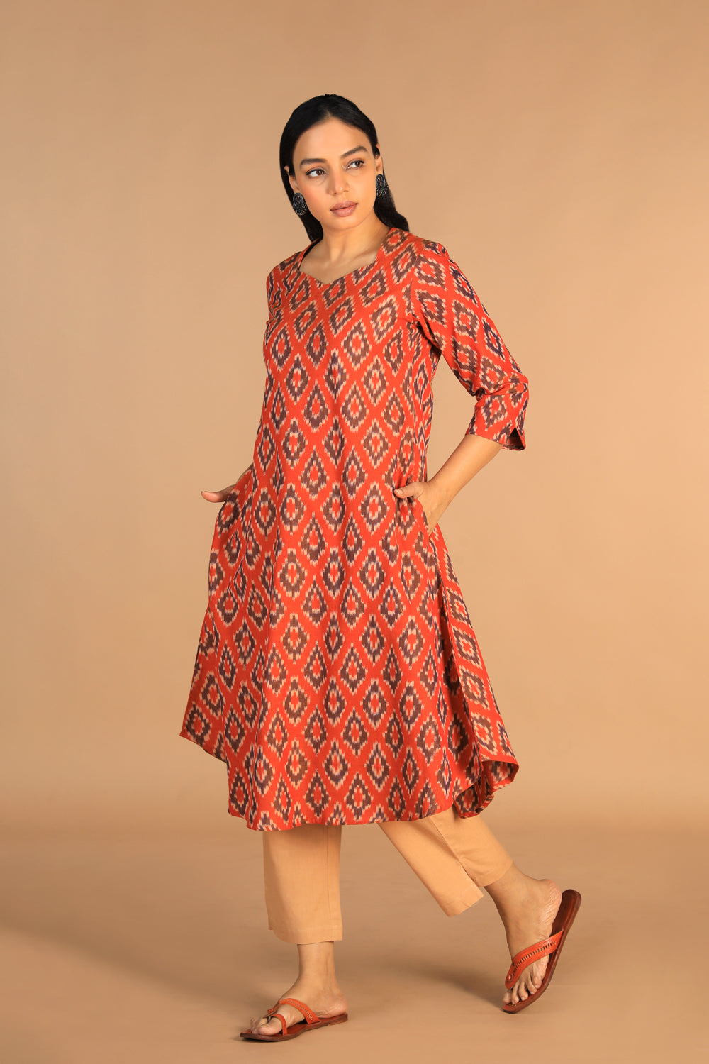 Kalanjali Ethnics Cotton Ikat kurti – Women's, RUSTIC ORANGE