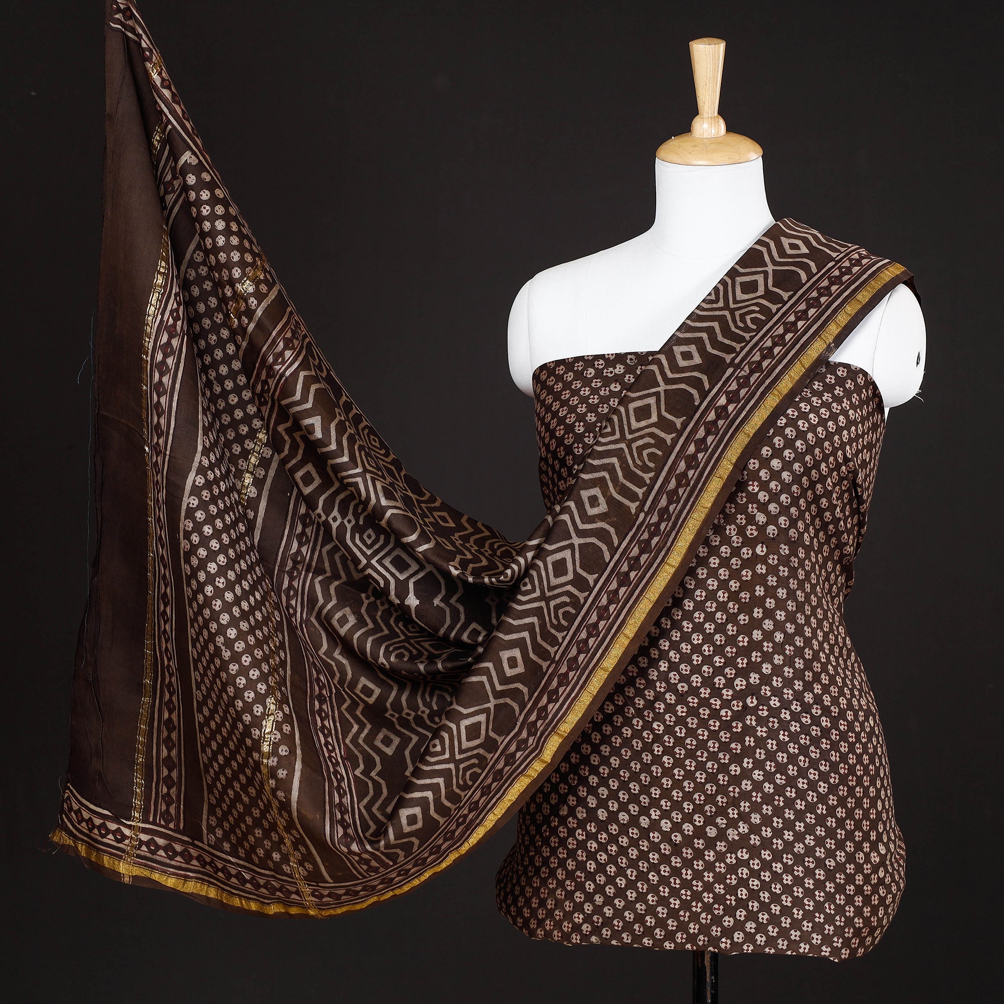 HAVELI CHRONICLES Brown - 3pc Akola Block Printed Chanderi Silk Suit Material Set