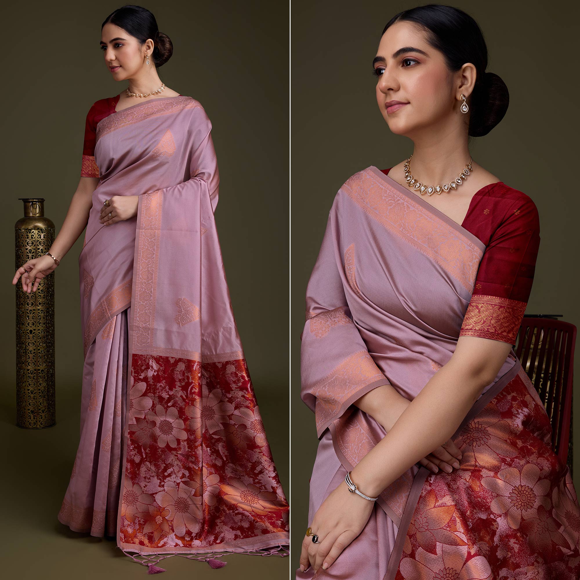 Peachmode Dusty Pink Floral Woven Banarasi Silk Saree