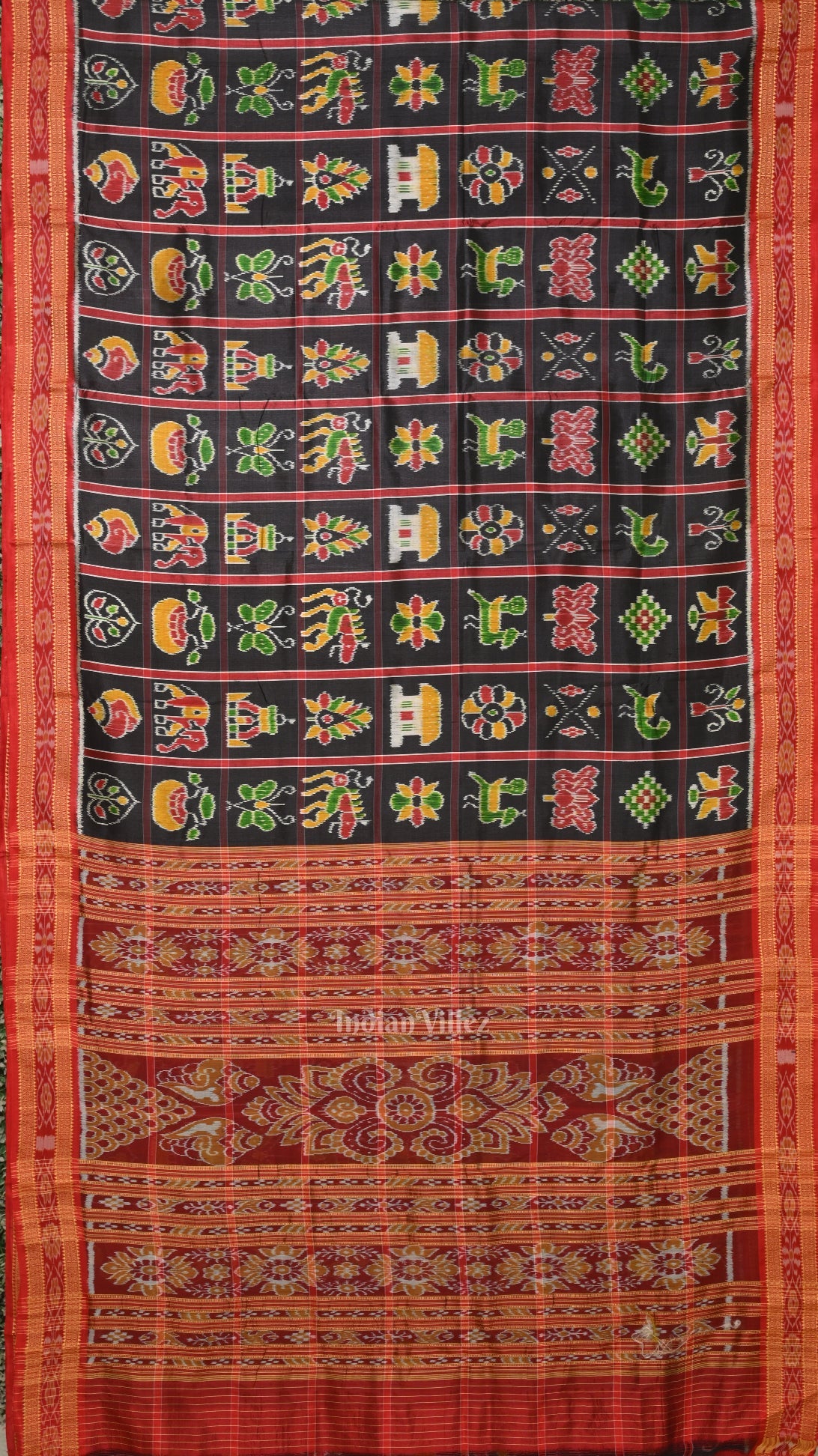 IndianVillèz Black Red Nabakothi Odisha Ikat Khandua Silk Saree