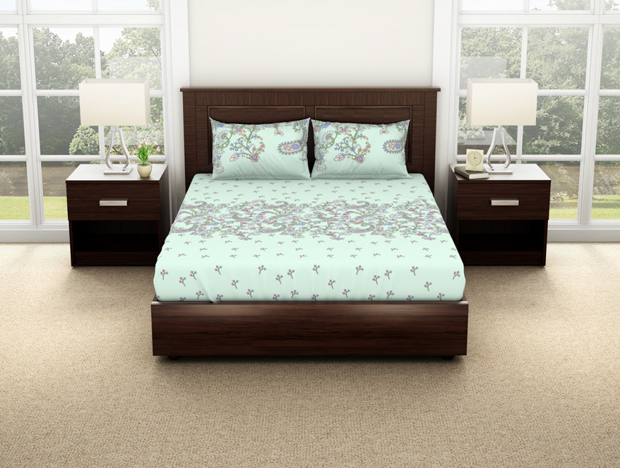 Spaces India Floral Hushed Green - Light Aqua 100% Cotton Double Bedsheet - Evoke By Spaces-1065728