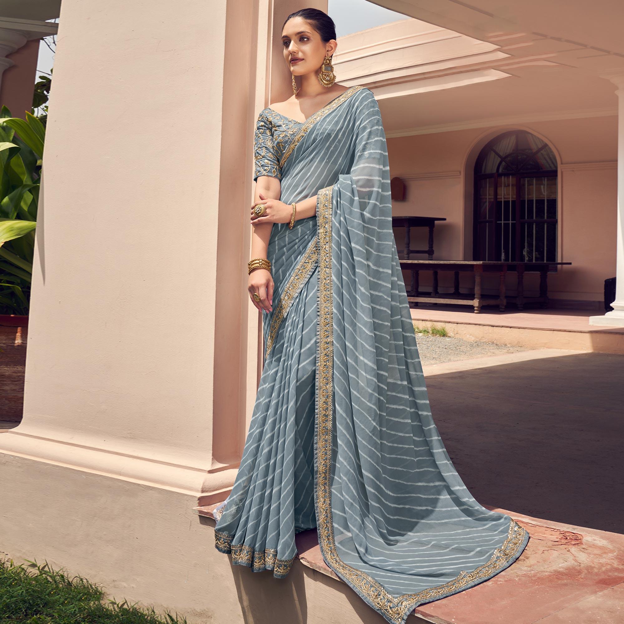 Peachmode Grey Striped Printed Georgette Saree