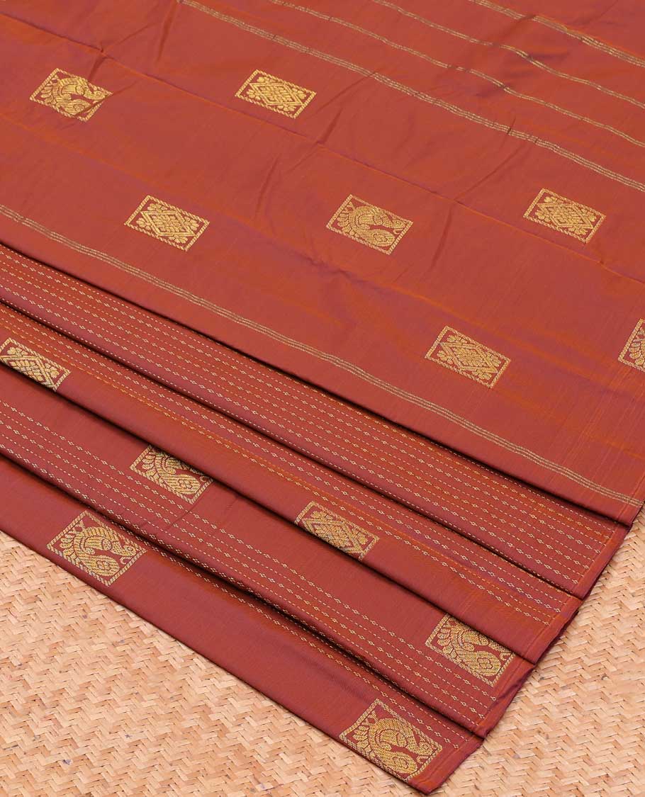 TheShoppothys Borderless Brown aarani gift saree with stripes, peacock buttas & diamond buttas all over the saree
