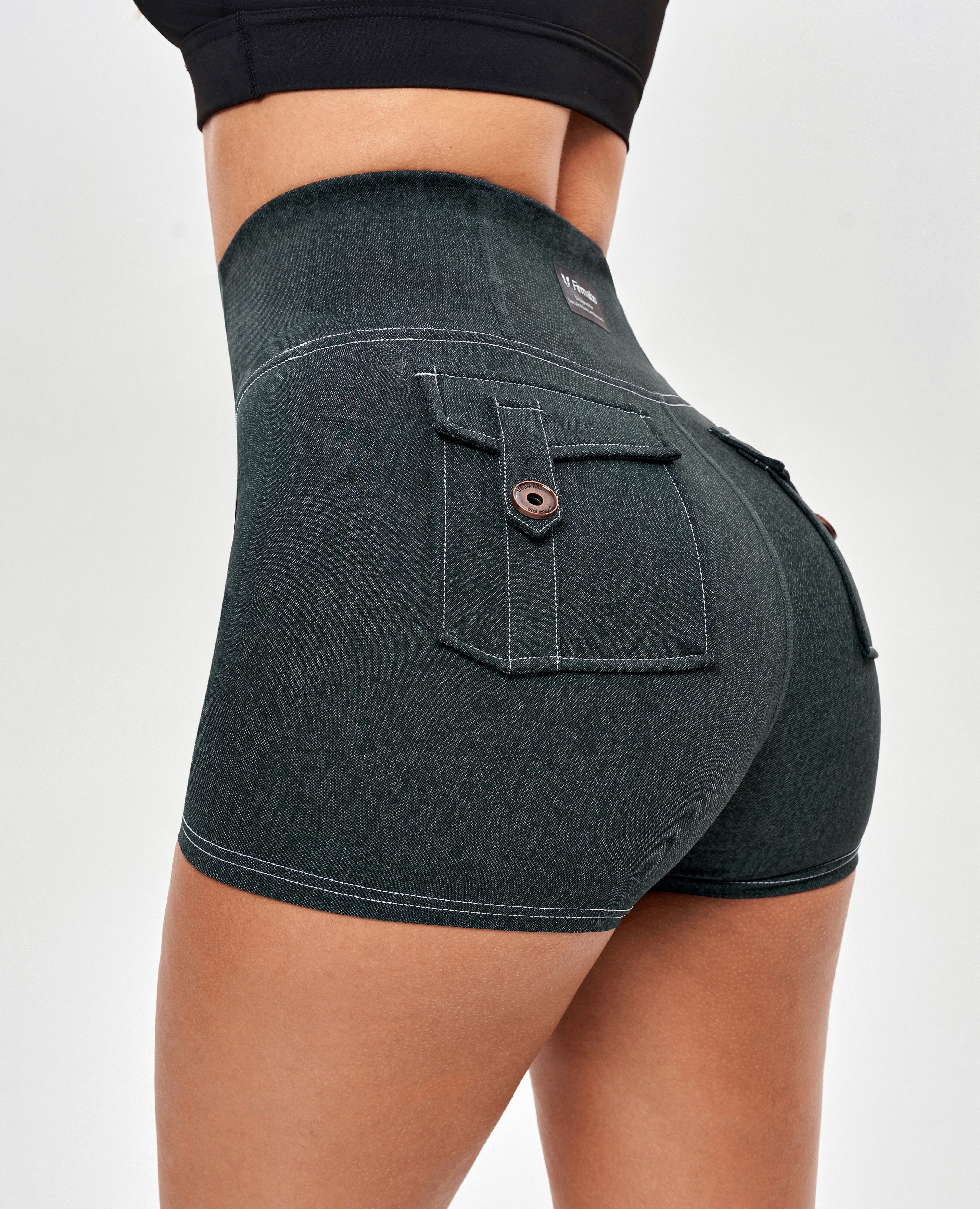 FIRM ABS High Waist Cargo Shorts - Denim Green - view 5