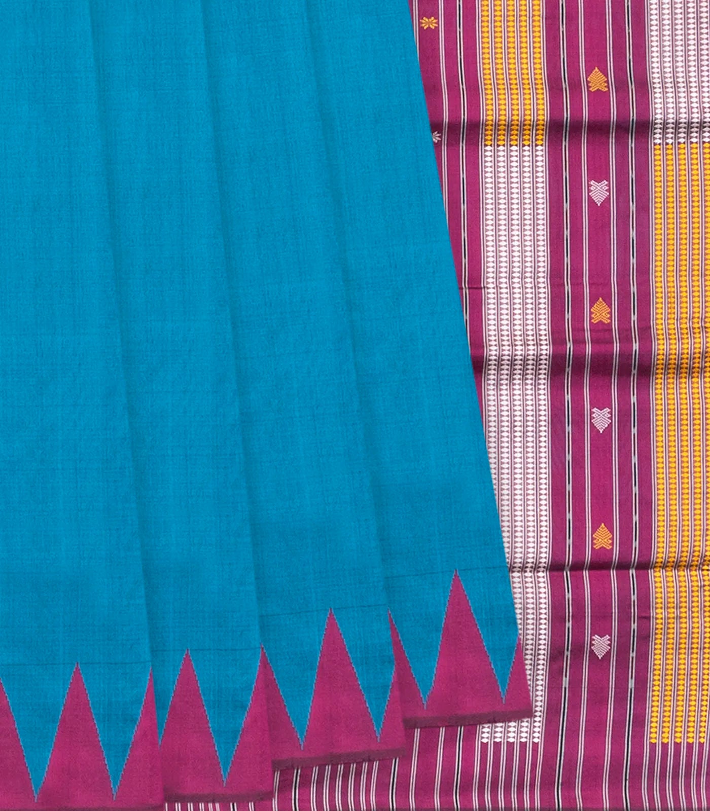 RmKV Cyan Handloom Orissa Silk Saree With Temple Border & Stripped Pallu-Cyan
