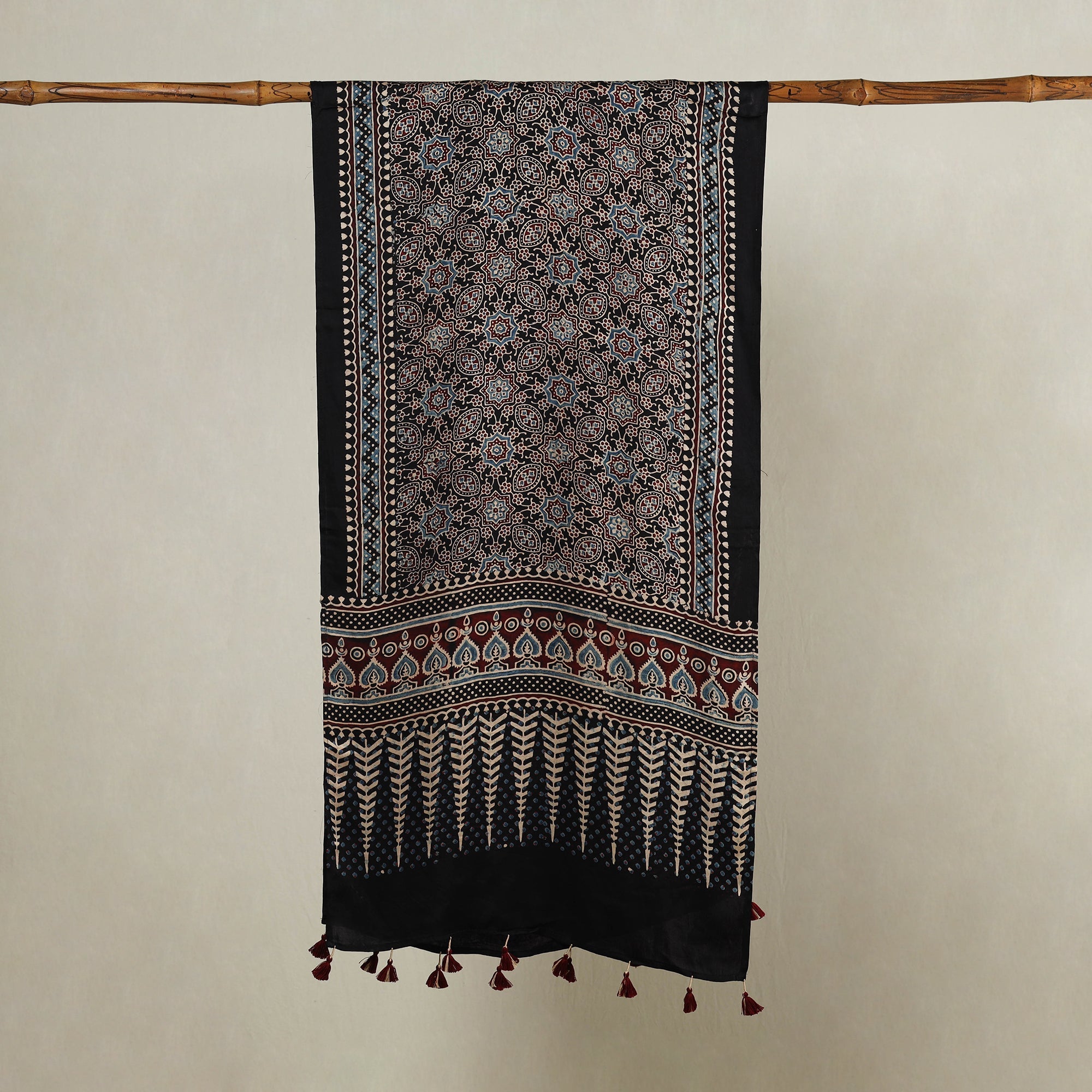 RIYAZ ABDULMAJID KHATRI - AJRAKH Black - Ajrakh Hand Block Printed Modal Silk Stole with Tassels - view 2