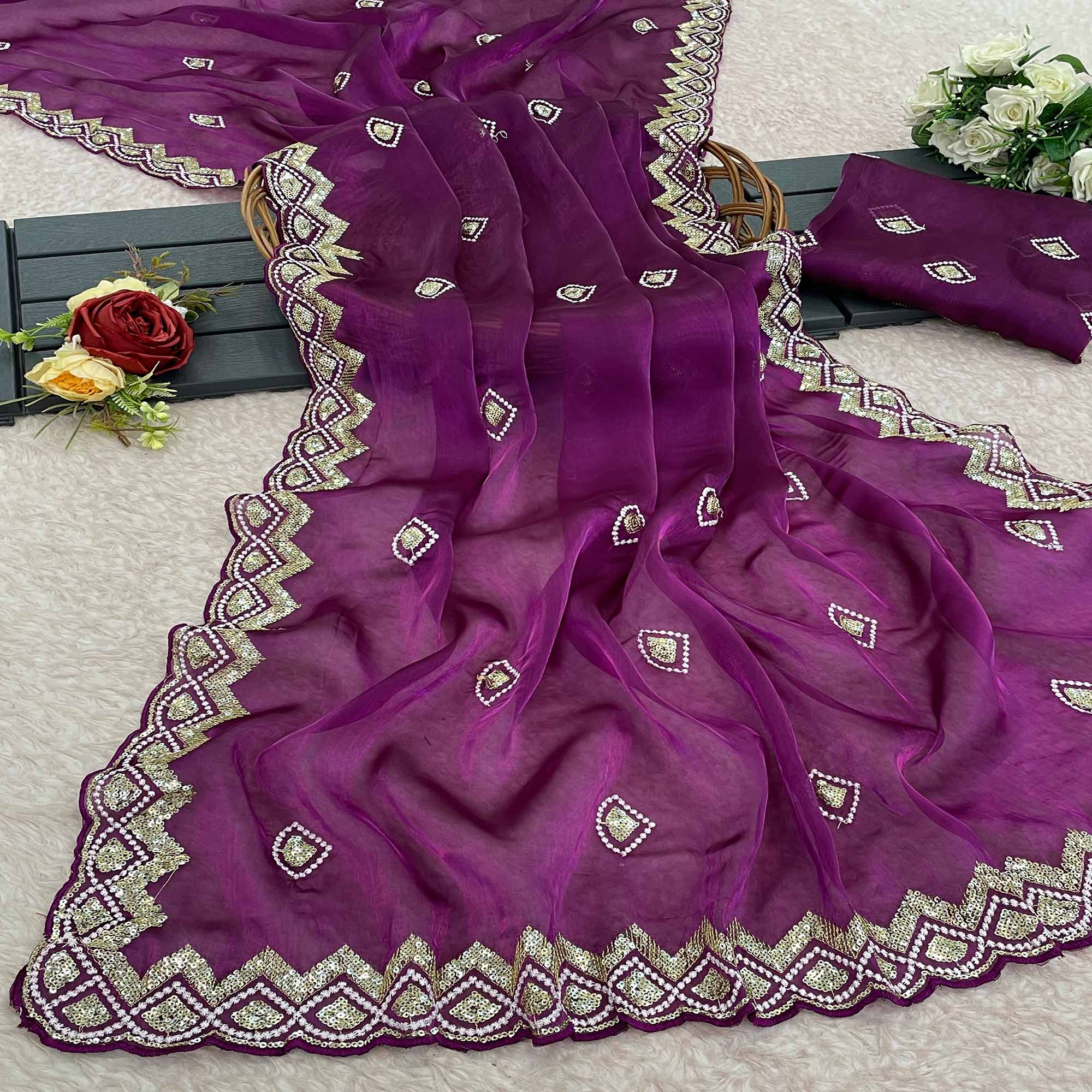 Peachmode Magenta Sequins Embroidered Satin Saree
