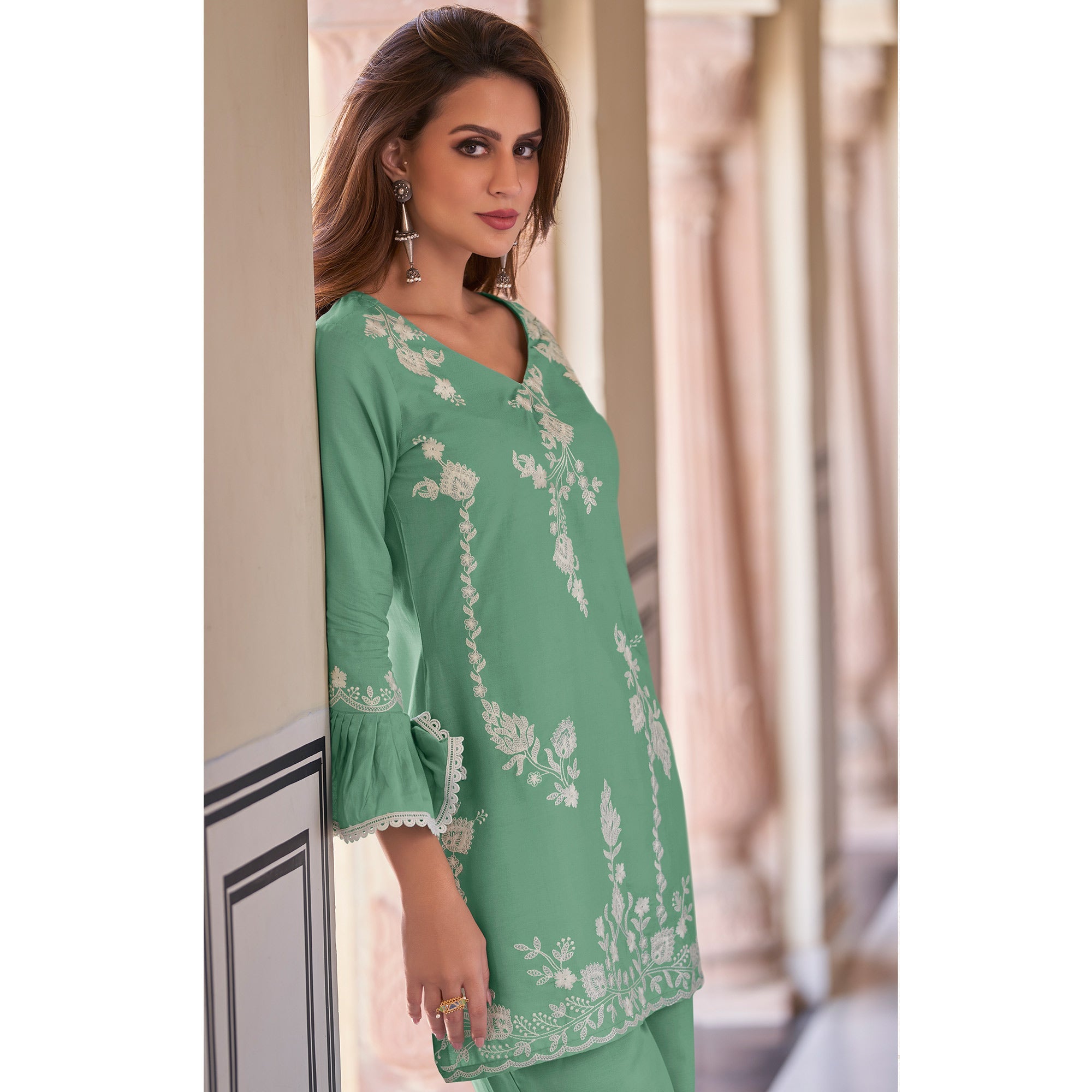 BlackTree green-floral-embroidered-rayon-co-ord-set - view 5
