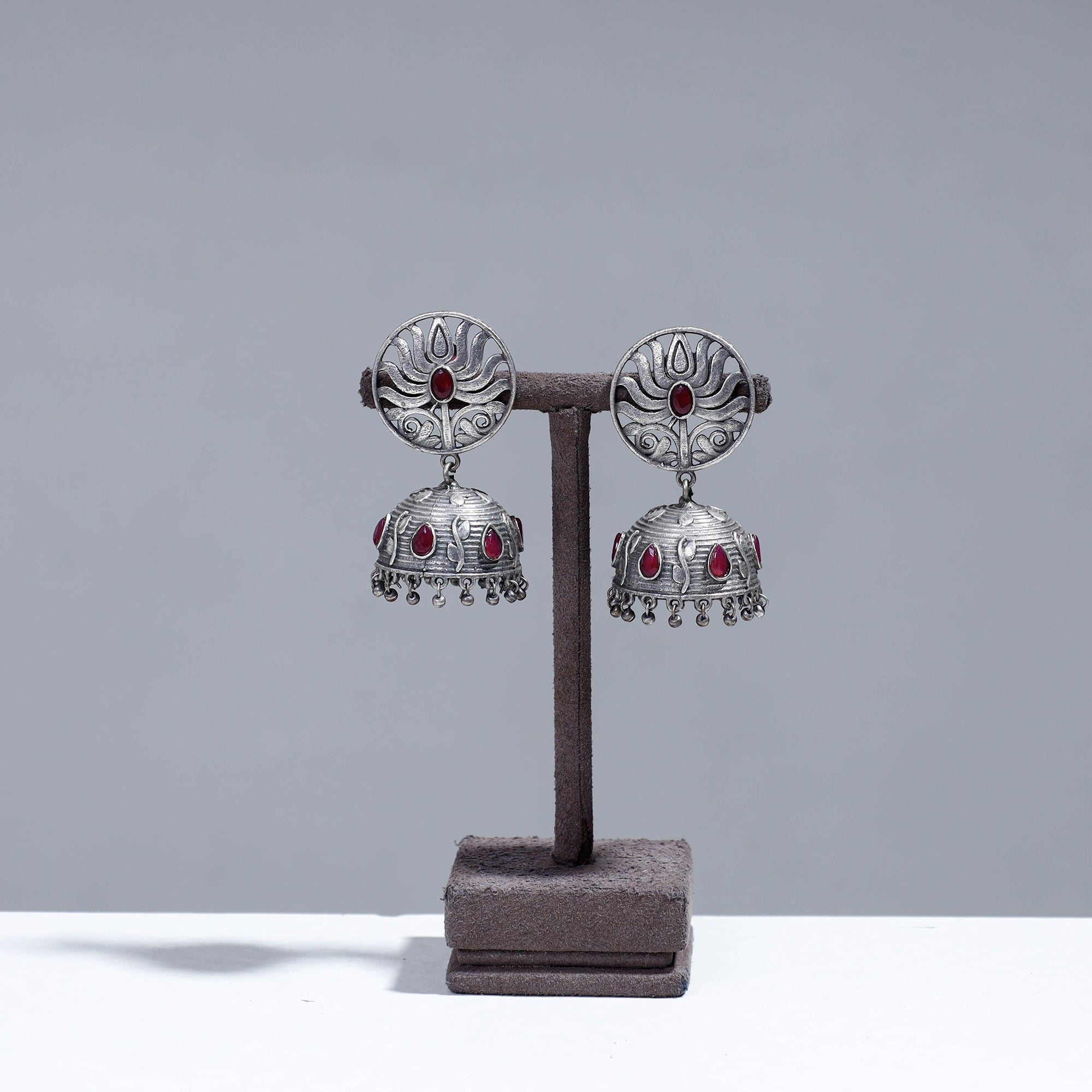WHITE RIVER STORIES Antique Silver Finish Oxidised Brass Base Stone Work Jhumki Earrings