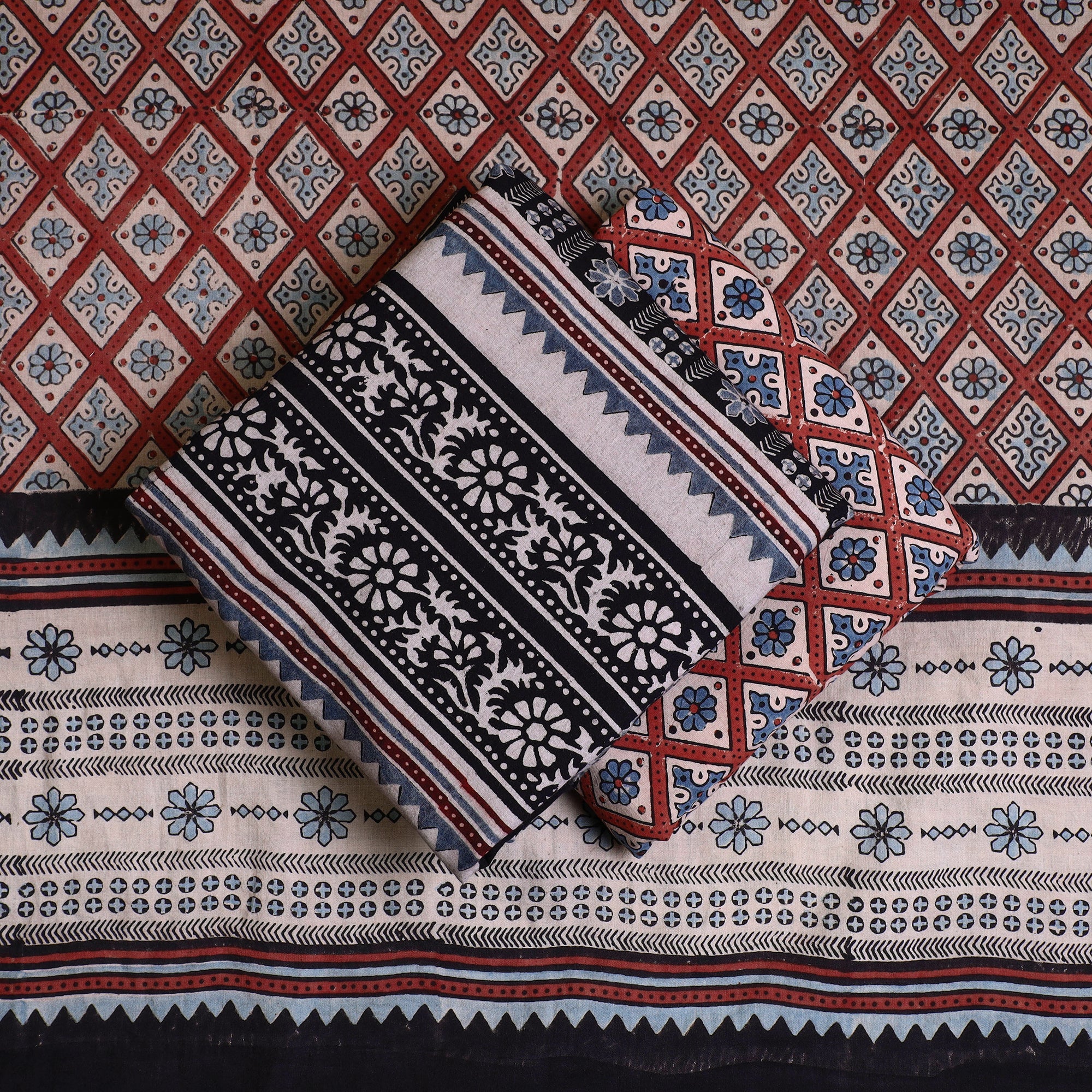 AJRAKH BY JABBAR KHATRI Black - Kutch Block Print Cotton 3pc Ajrakh Dress Material 08 - view 2