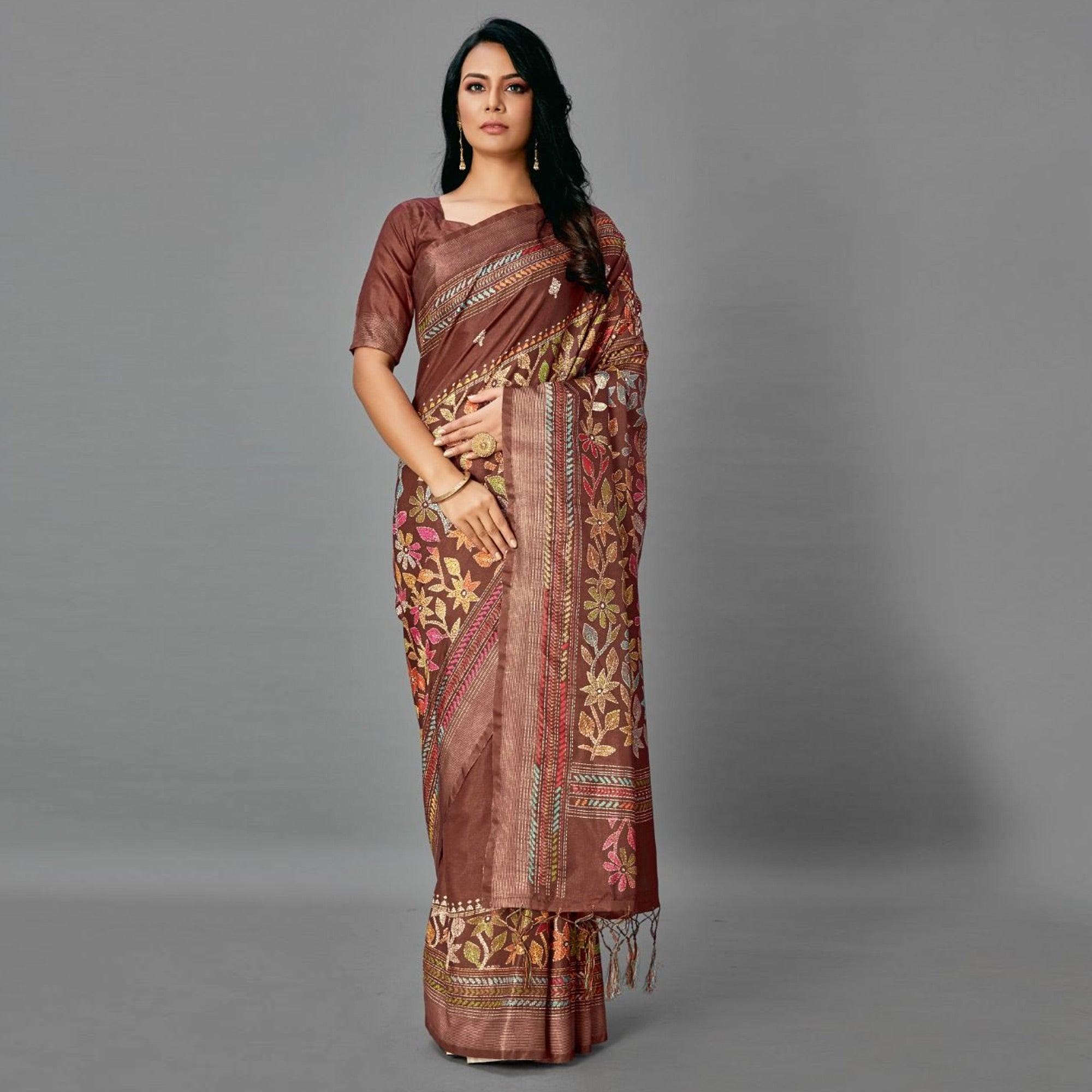 Peachmode Brown Casual Art Silk Printed Saree With Unstitched Blouse