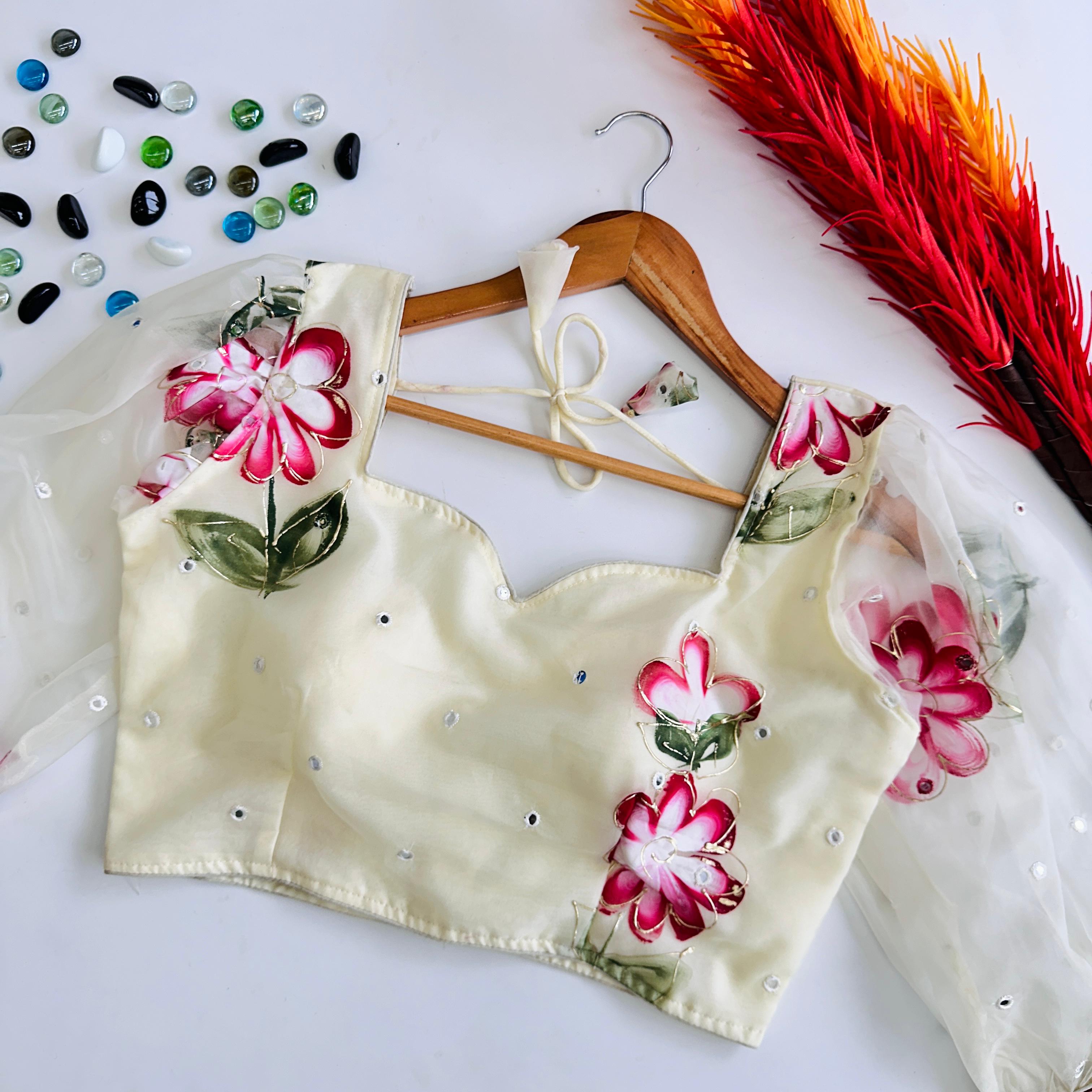 ClothsVilla White Hand-Painted Organza Silk Blouse with Embroidery Accents - view 2