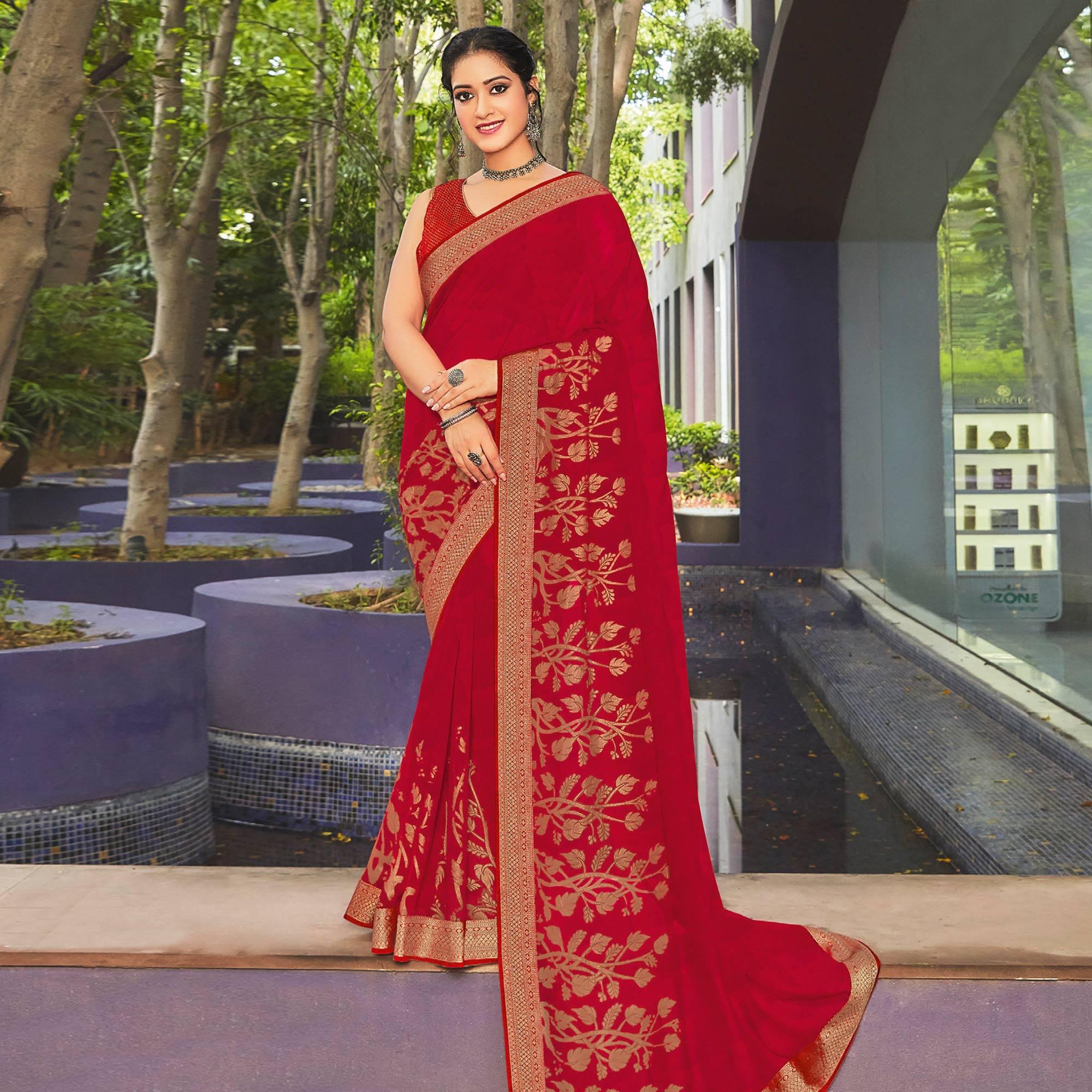Peachmode Dark Red Festive Wear Woven Georgette Saree