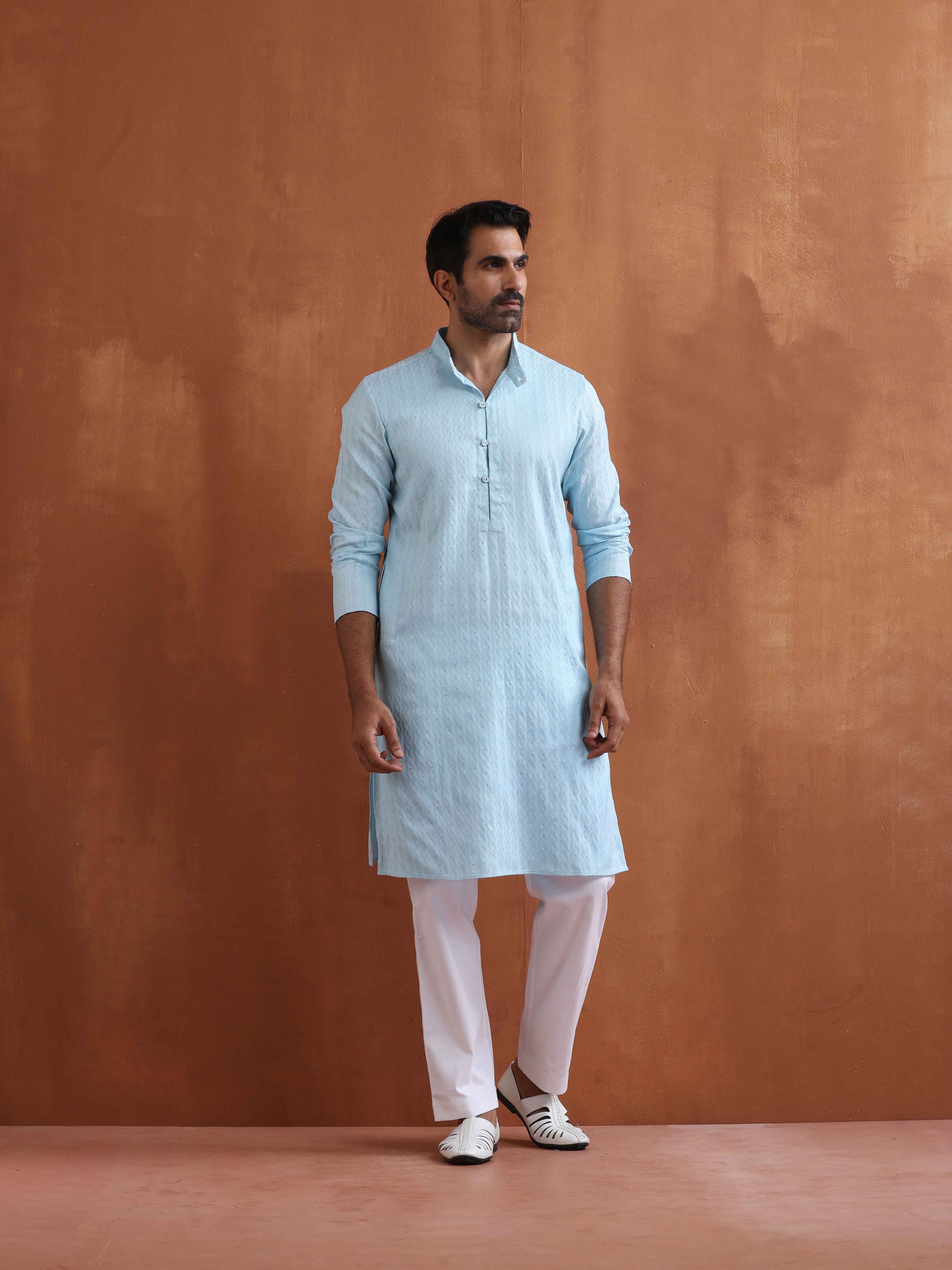 trueBrowns Men's Blue Sequin Chanderi Kurta - view 2