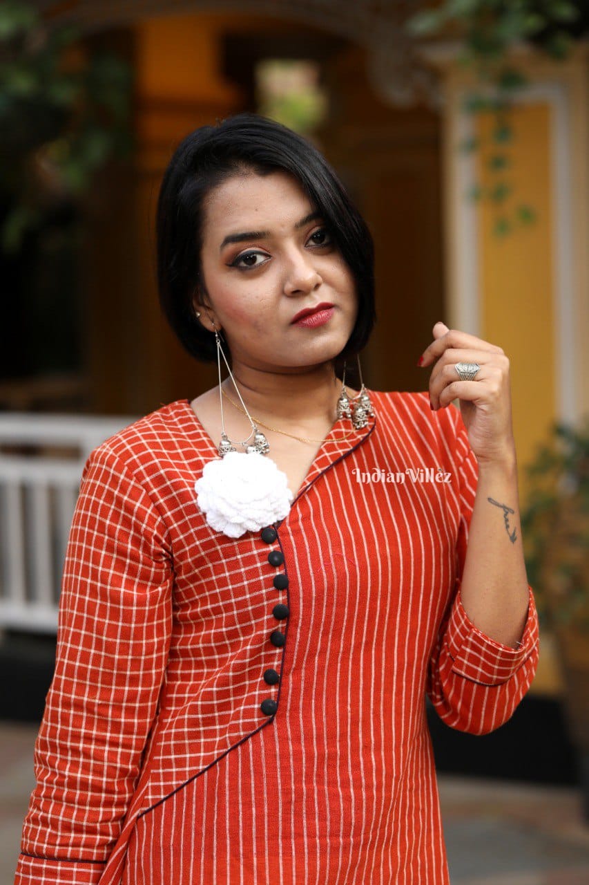 IndianVillèz Orange Stripes Kotpad Organic Cotton Kurti for Women - view 2