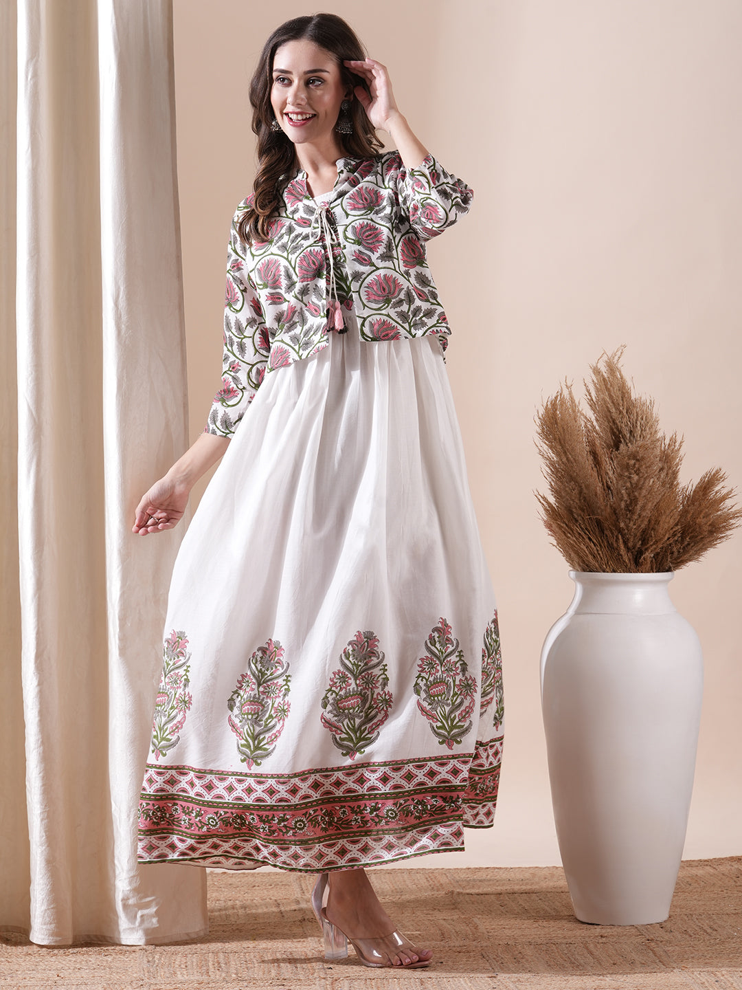 Fashor Floral Block Printed Maxi Dress with Floral Jacket - White - view 4