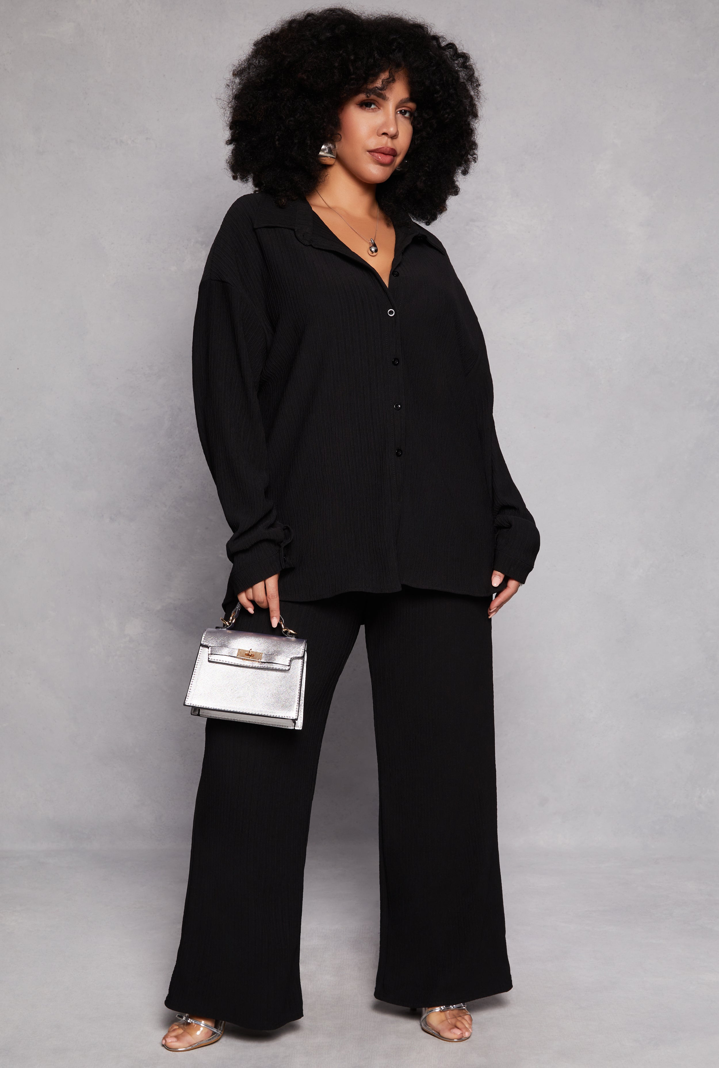 Rainbow Shops Plus Size Textured Knit Wide Leg Dress Pants