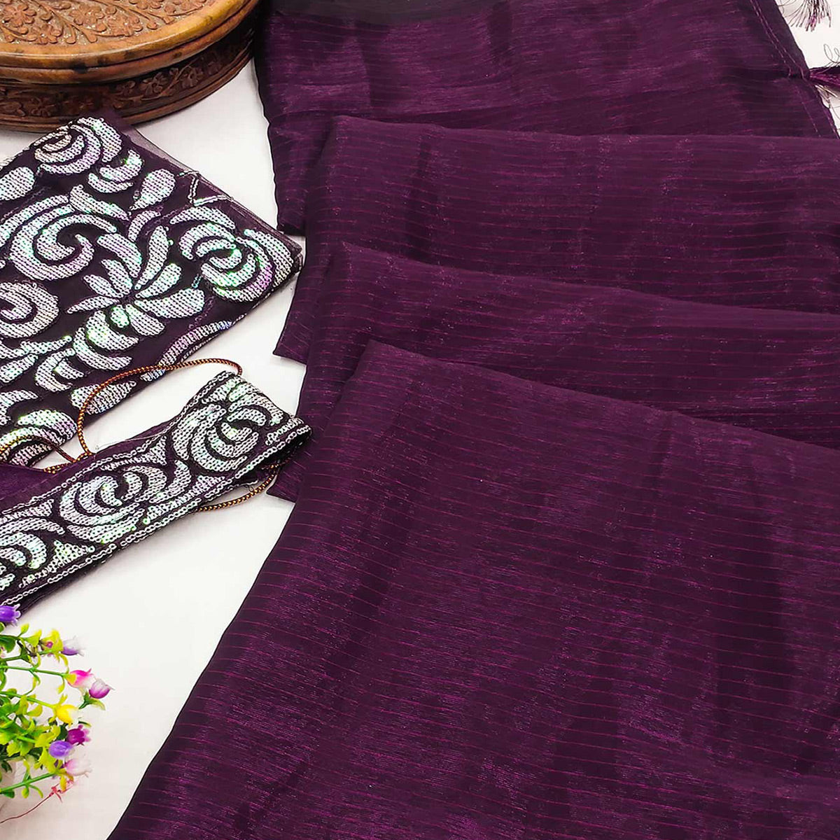 Peachmode Dark Purple Striped Woven Art Silk Saree With Tassels - view 2